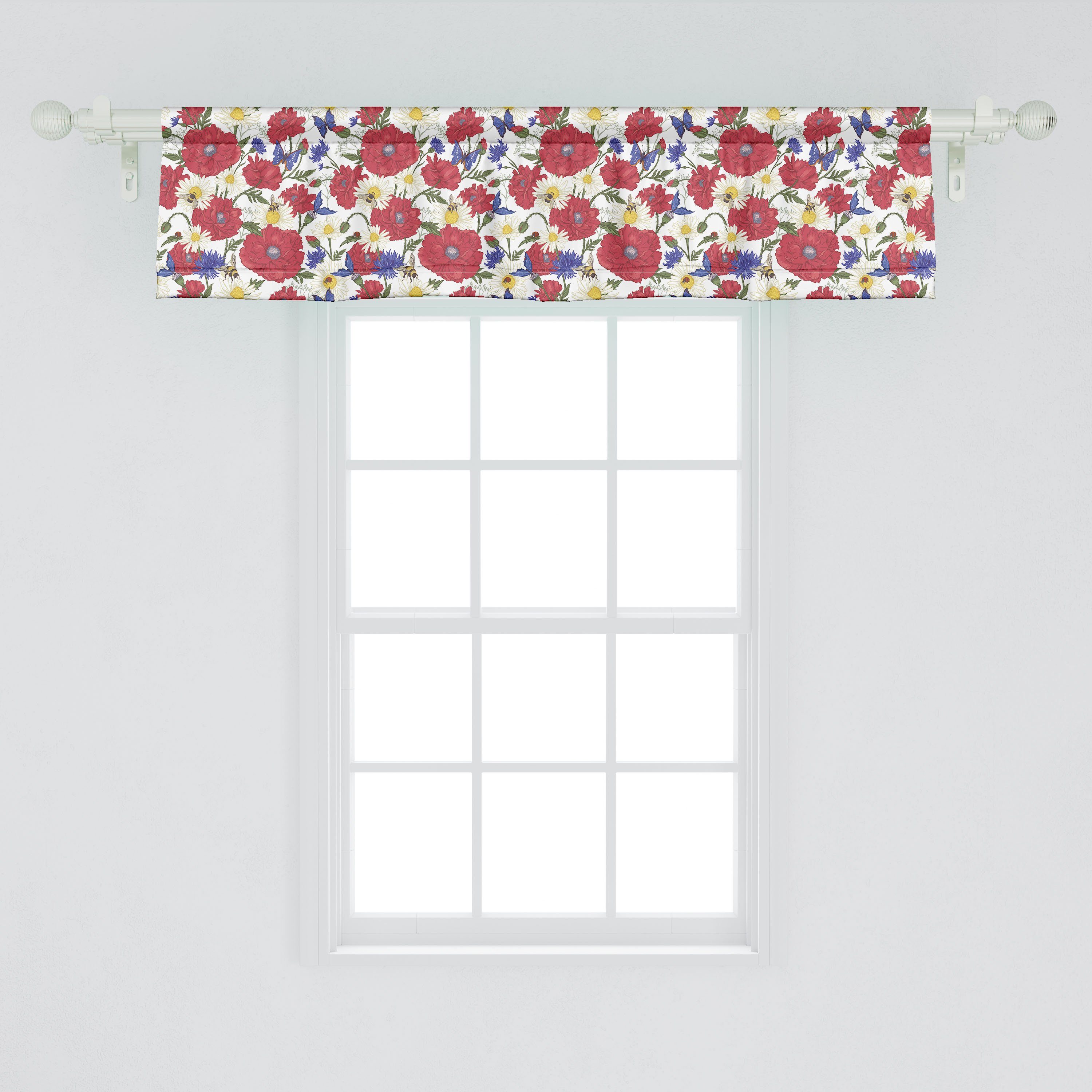 Dekor Microfaser, Abakuhaus, Mohnblumen für Blooming mit Küche Rote Scheibengardine Volant Blumen Stangentasche, Vorhang Schlafzimmer