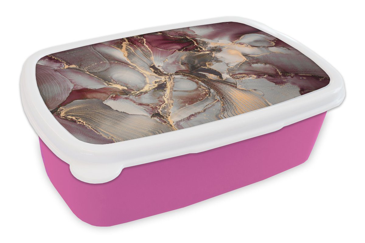 MuchoWow Lunchbox Gold - Marmor - Lila, Kunststoff, (2-tlg), Brotbox für Erwachsene, Brotdose Kinder, Snackbox, Mädchen, Kunststoff rosa