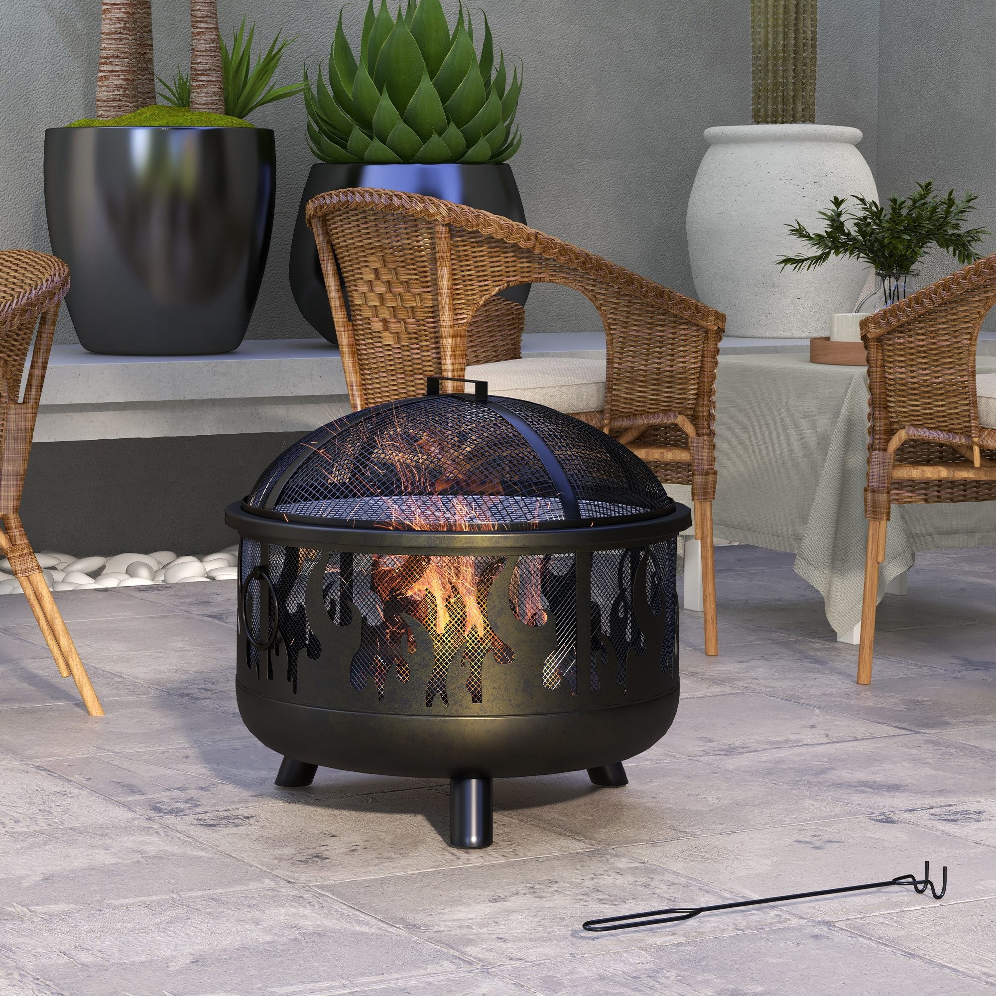 Outsunny Feuerschale 2-in-1 Feuerschale, (Feuerkorb, 1-St., Feuerstelle), für Garten BBQ Metall Schwarz Ø61 x 55 cm
