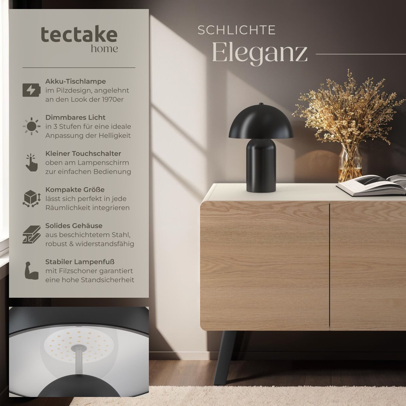 tectake Schreibtischlampe Akku-Tischlampe, Dimmbar, nicht relevant, Kleine Retro-Tischleuchte im angesagten Pilzdesign der 70er-Jahre