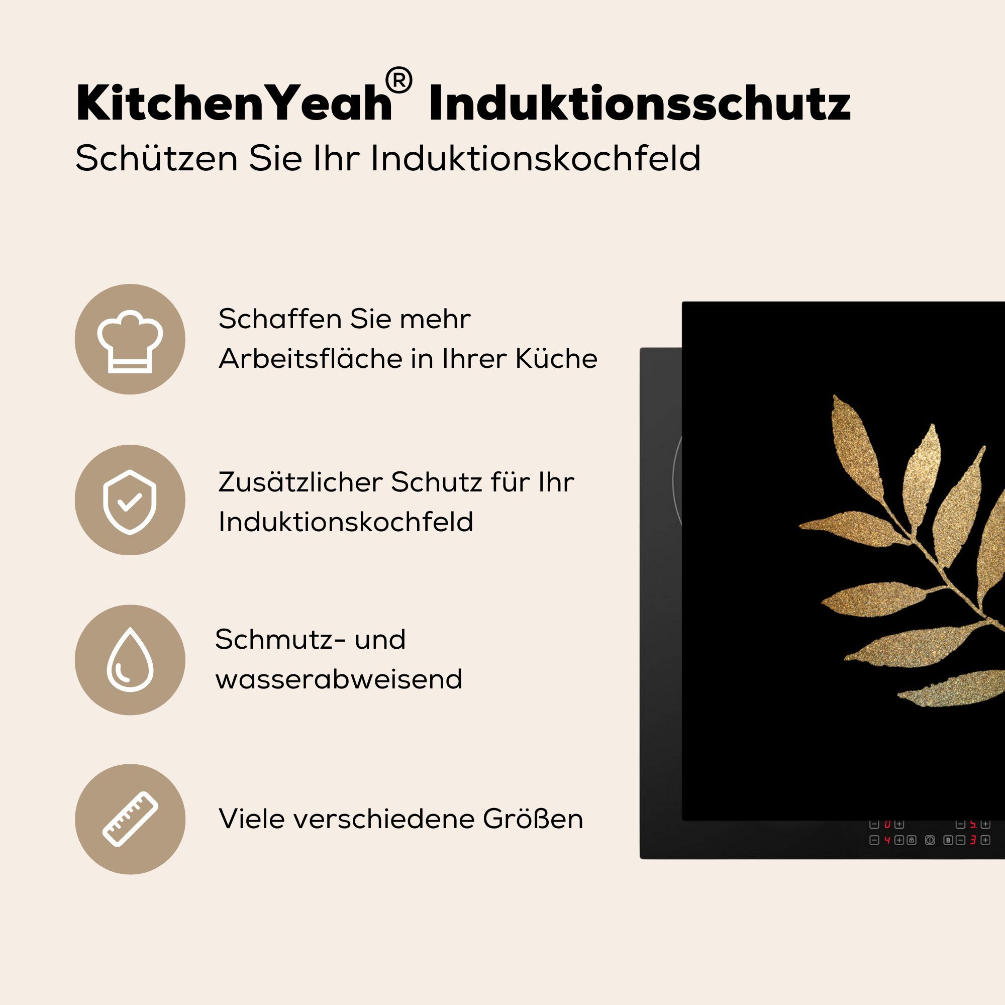 küche - Gold Vinyl, für (1 Äste - Arbeitsplatte cm, Herdblende-/Abdeckplatte MuchoWow Blatt, tlg), Ceranfeldabdeckung, 78x78