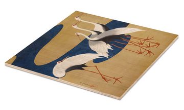 Posterlounge Holzbild Suzuki Kiitsu, Kraniche, Wohnzimmer Japandi Malerei