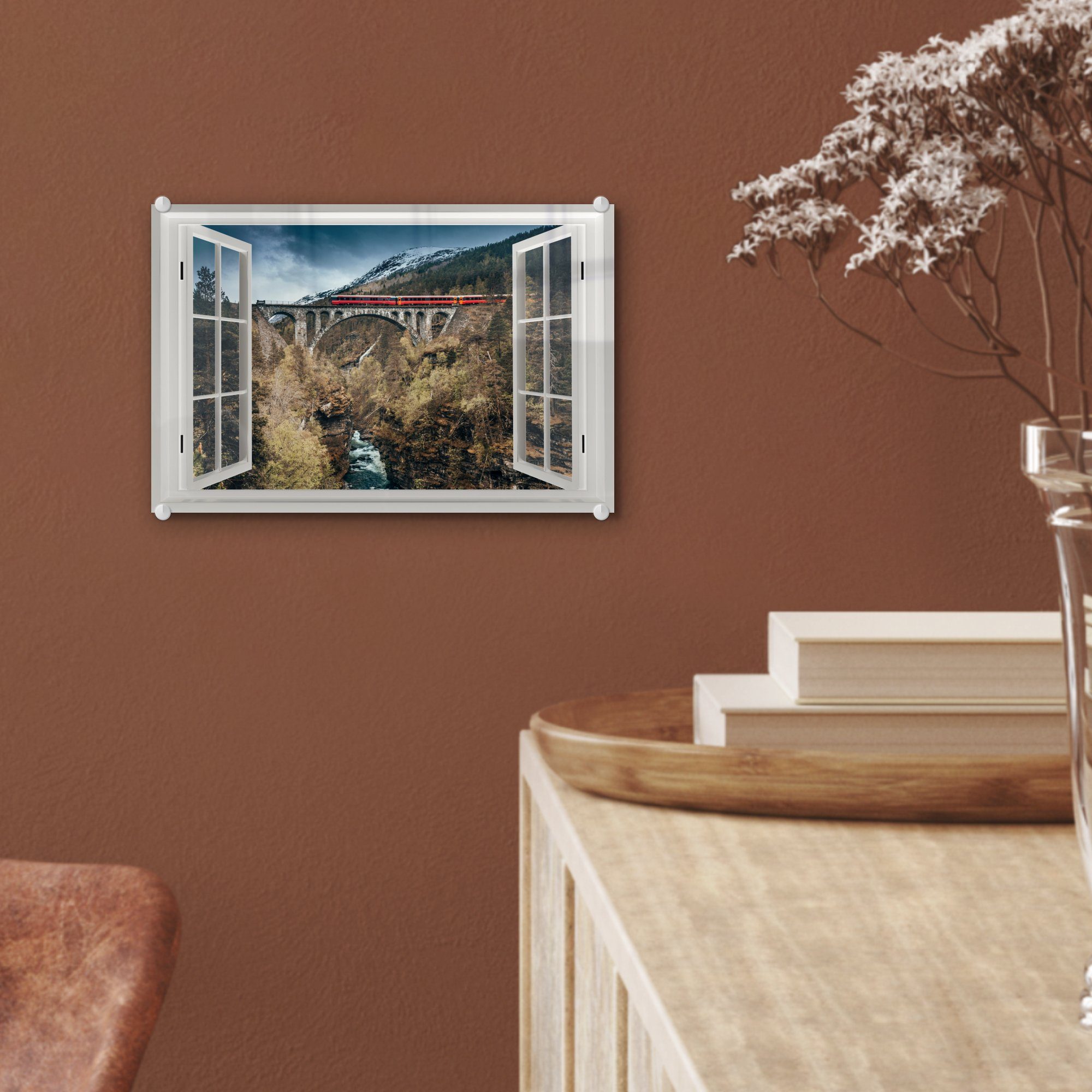Glas - Glas Wandbild Brücke, Aussicht Glasbilder - St), Acrylglasbild Foto - auf - - Berge (1 MuchoWow Wanddekoration auf Bilder