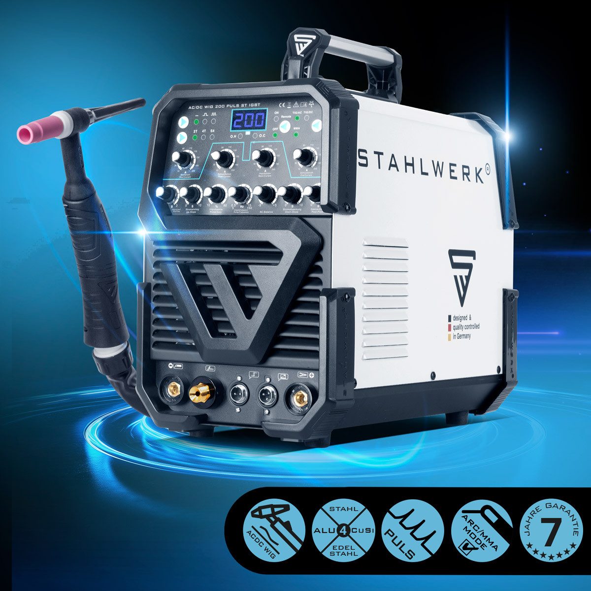 STAHLWERK Inverterschweißgerät AC DC WIG 200 Puls ST mit WIG Pulsfunktion und MMA, 10 - 200 A, Packung}, 7-tlg., Einzelgerät, Kombi Schweißgerät mit 200 Ampere