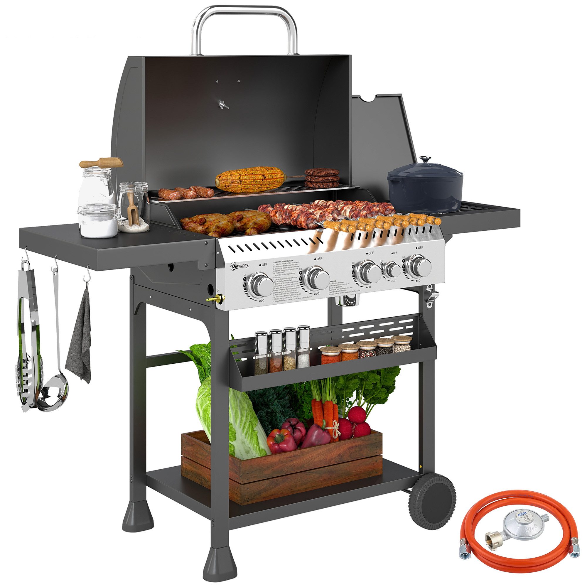 Outsunny Gasgrill inkl Seitenbrenner, Thermometer, Grillrost, Flaschenöffner, Gas-Grill 2,5 KW 4+1 Brenner, BBQ Grillwagen aus Edelstahl, für Balkon, Camping, 135 x 55 x 103cm