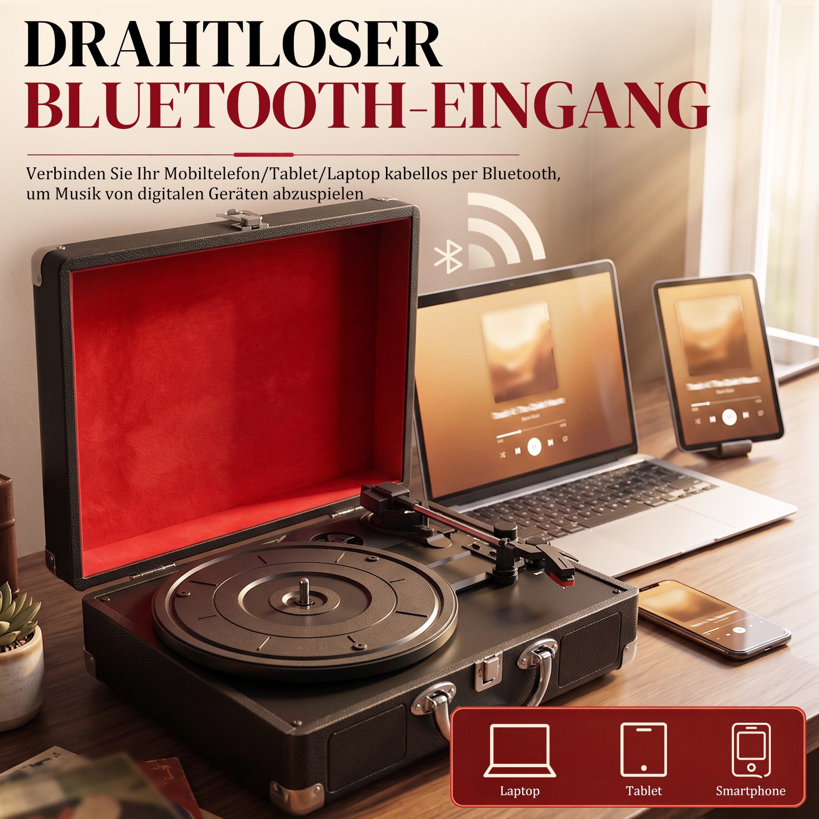 LALAHO Koffer‑Plattenspieler Retro, integrierte Stereo‑Lautsprecher Plattenspieler (mit Bluetooth, 3 Geschwindigkeiten, integrierte Lautsprecher) – Bild 3 von 5