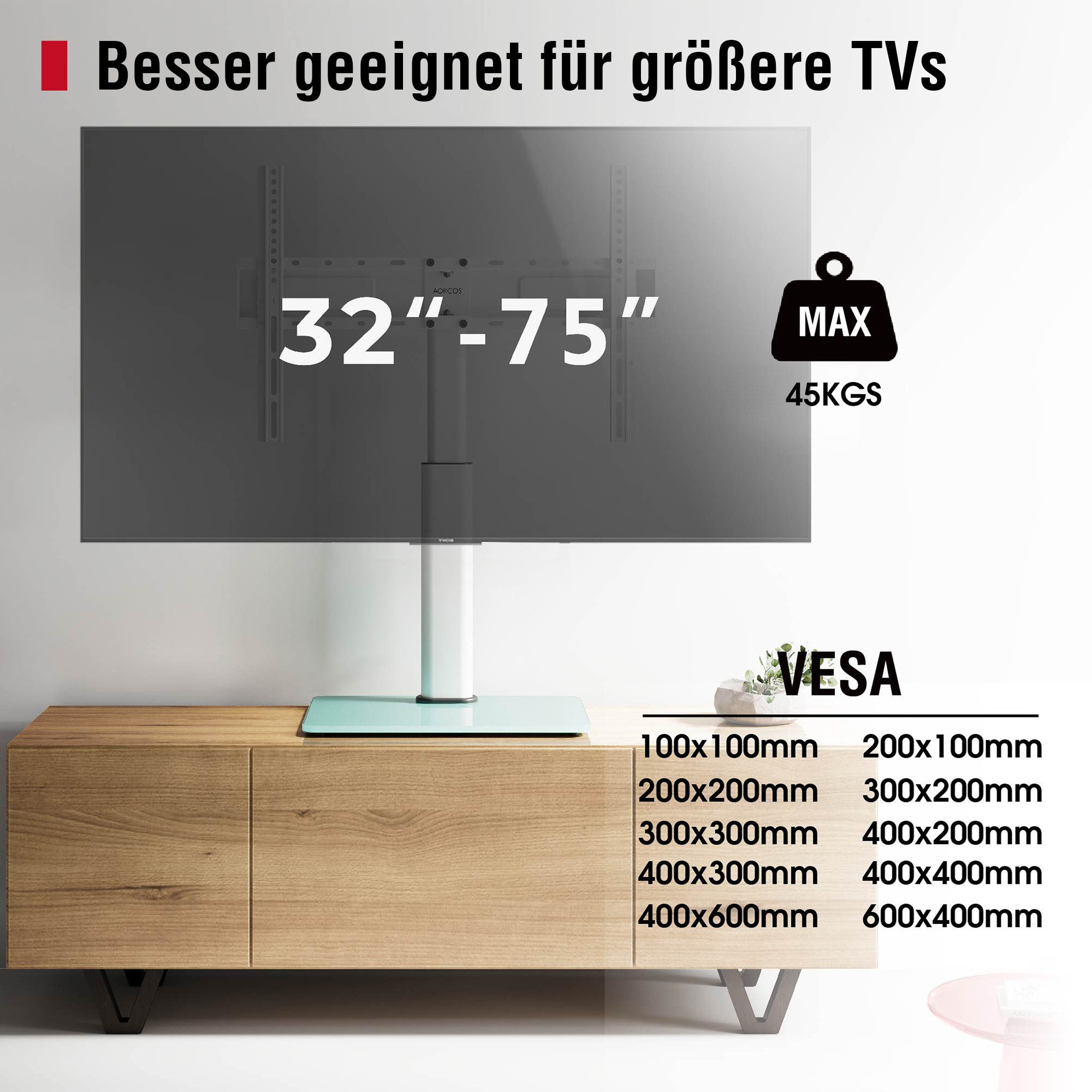 AOKCOS TV-Ständer höhenverstellbar, ± 30° schwenkbar, 32-75 Zoll, (bis 75 Zoll, -2°-10° neigbar, rutschfeste Gummifüße, Tisch-TV-Ständer) – Bild 2 von 5