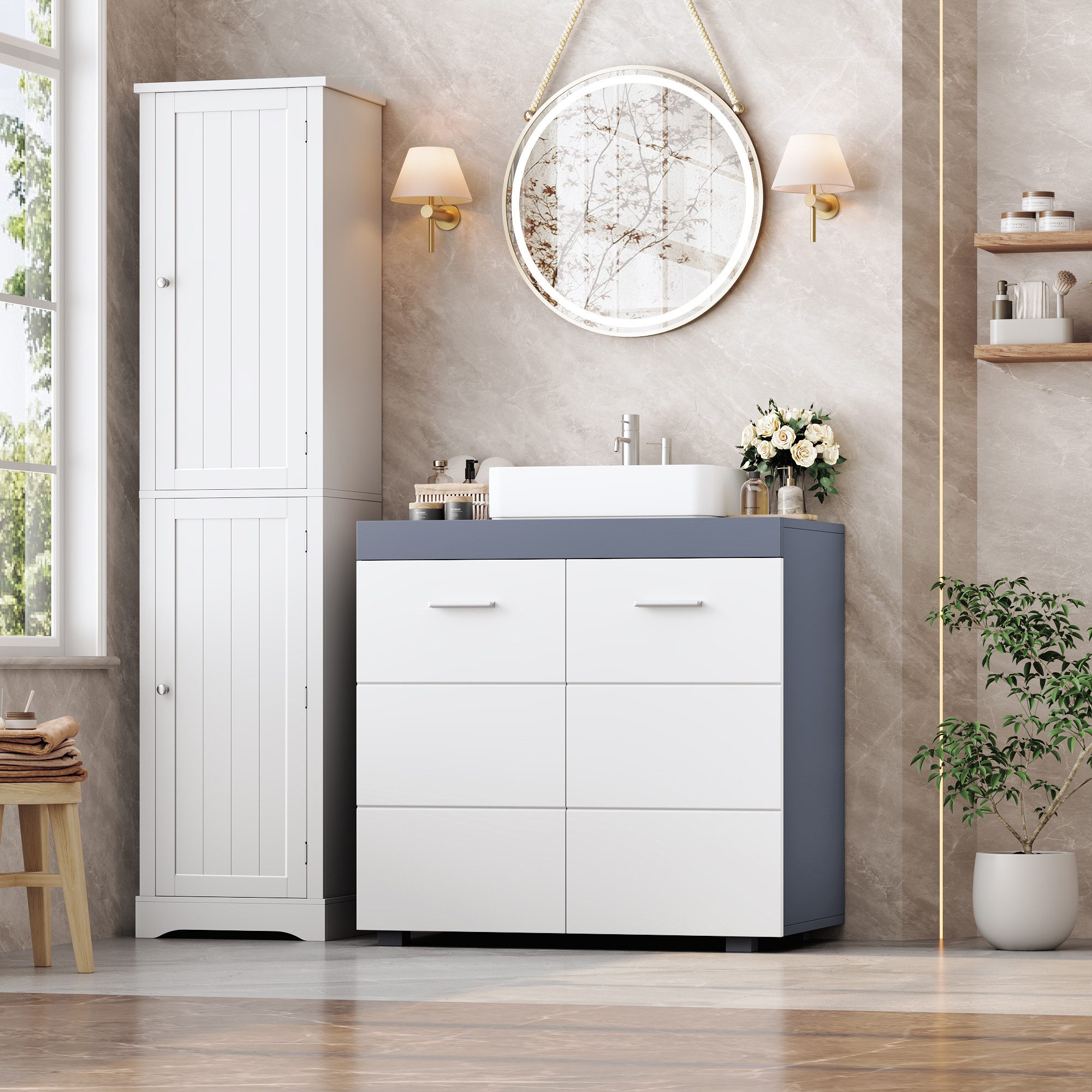 Homfa Waschbeckenunterschrank Unterschrank Badezimmerschrank mit 2 Türen, weiß, 60x31x60cm