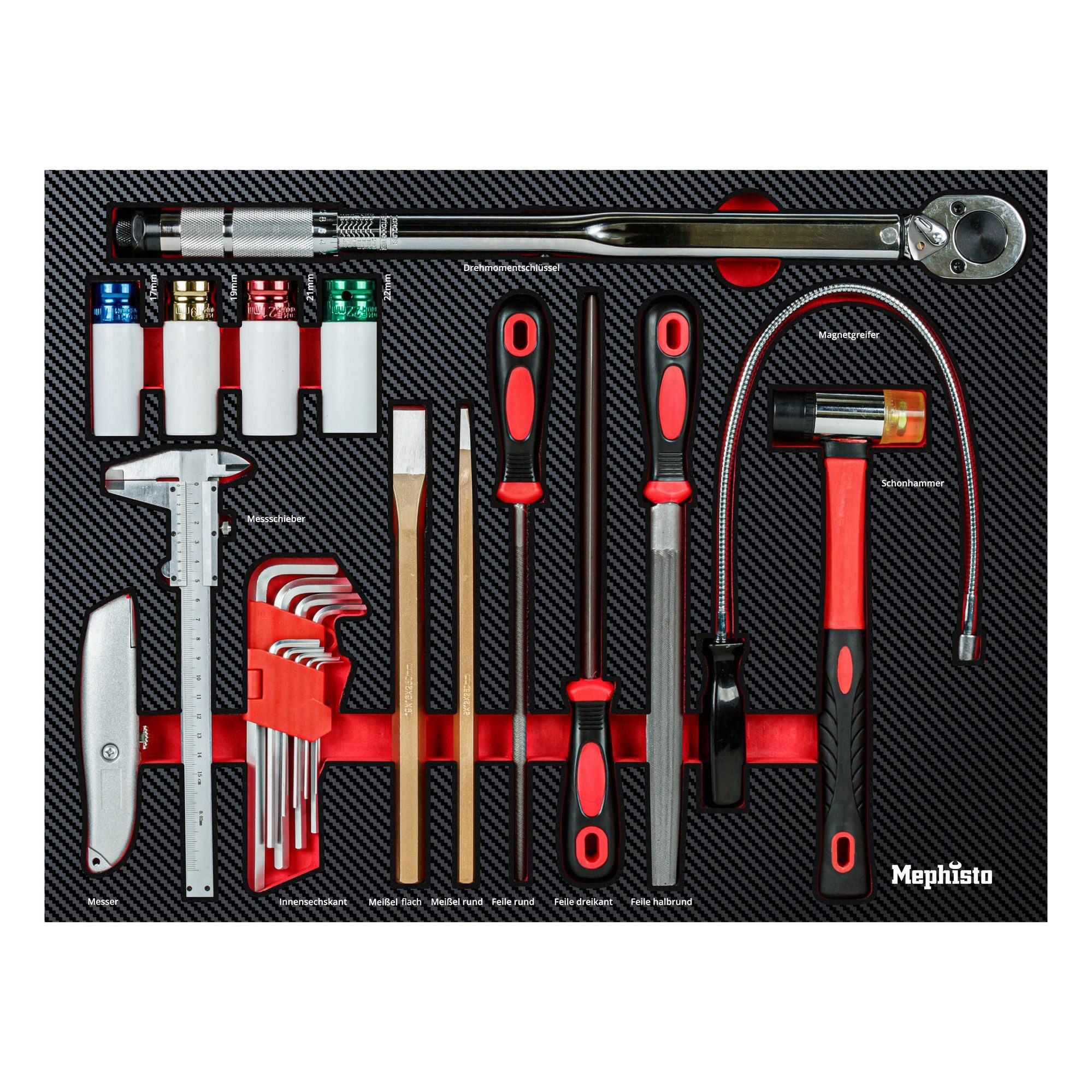 Mephisto-Tools Werkzeugset, (Set), metrisch, inkl. Soft Inlay in Carbon-Optik
