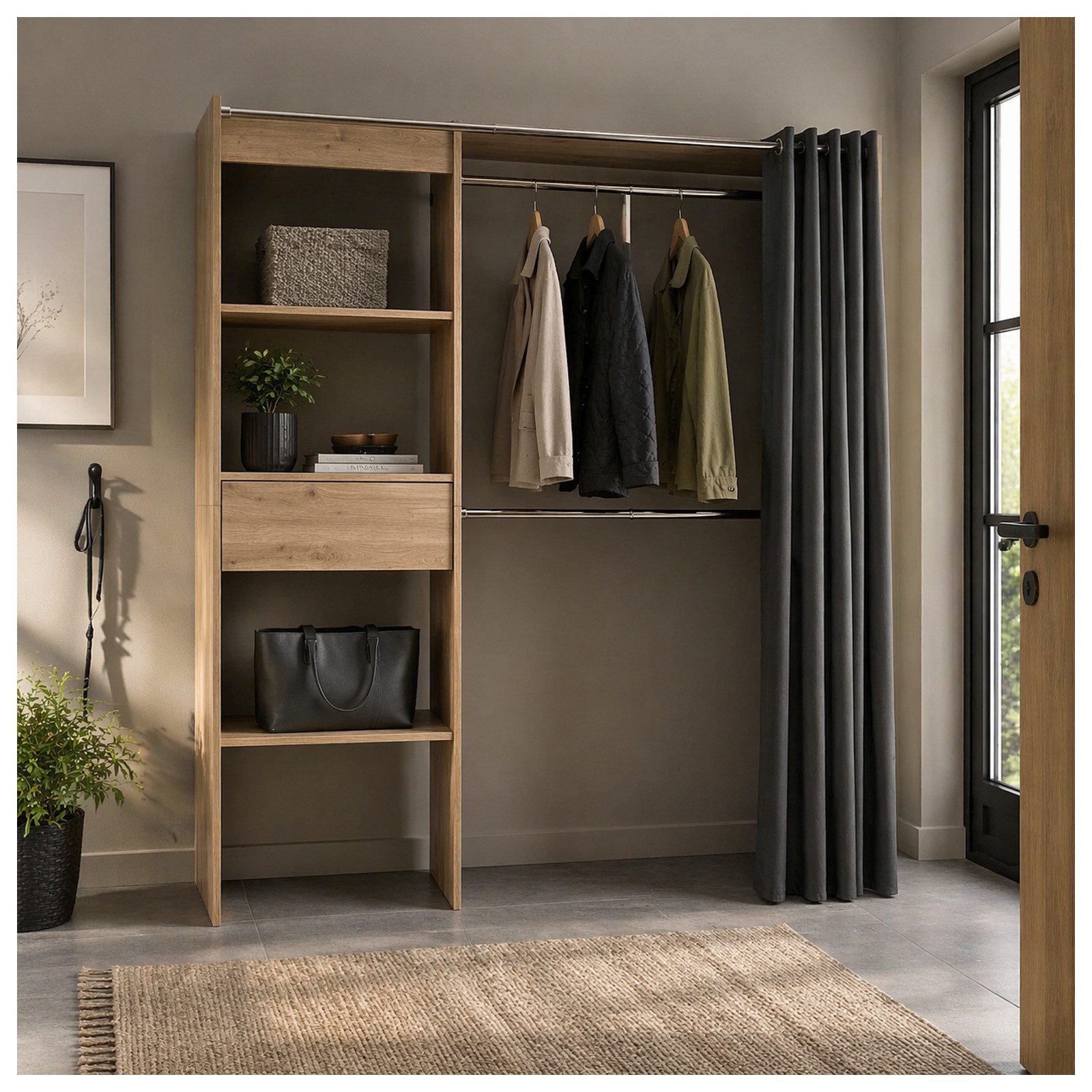HTI-Living Garderobenständer Offene Garderobe mit Vorhang Artisaneiche, (Stück, 1 St., 1 Garderobe)