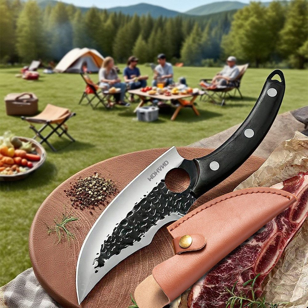 MDHAND Ausbeinmesser Schlachtmesser – Handgeschmiedetes Küchenmesser inkl. Lederscheide, Full-Tang-Konstruktion aus einem Stück, Ideal für Outdoor, BBQ