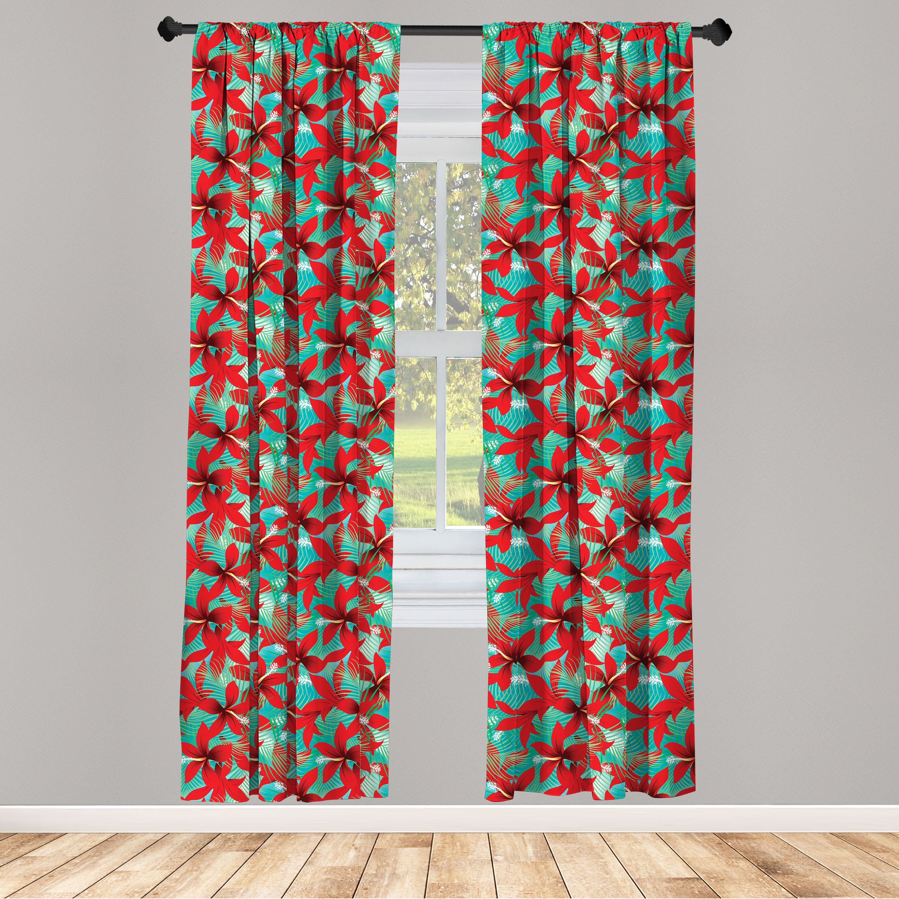 Gardine Vorhang für Wohnzimmer Schlafzimmer Dekor, Abakuhaus, Microfaser, hawaiisch Red Hibiscus Flowers
