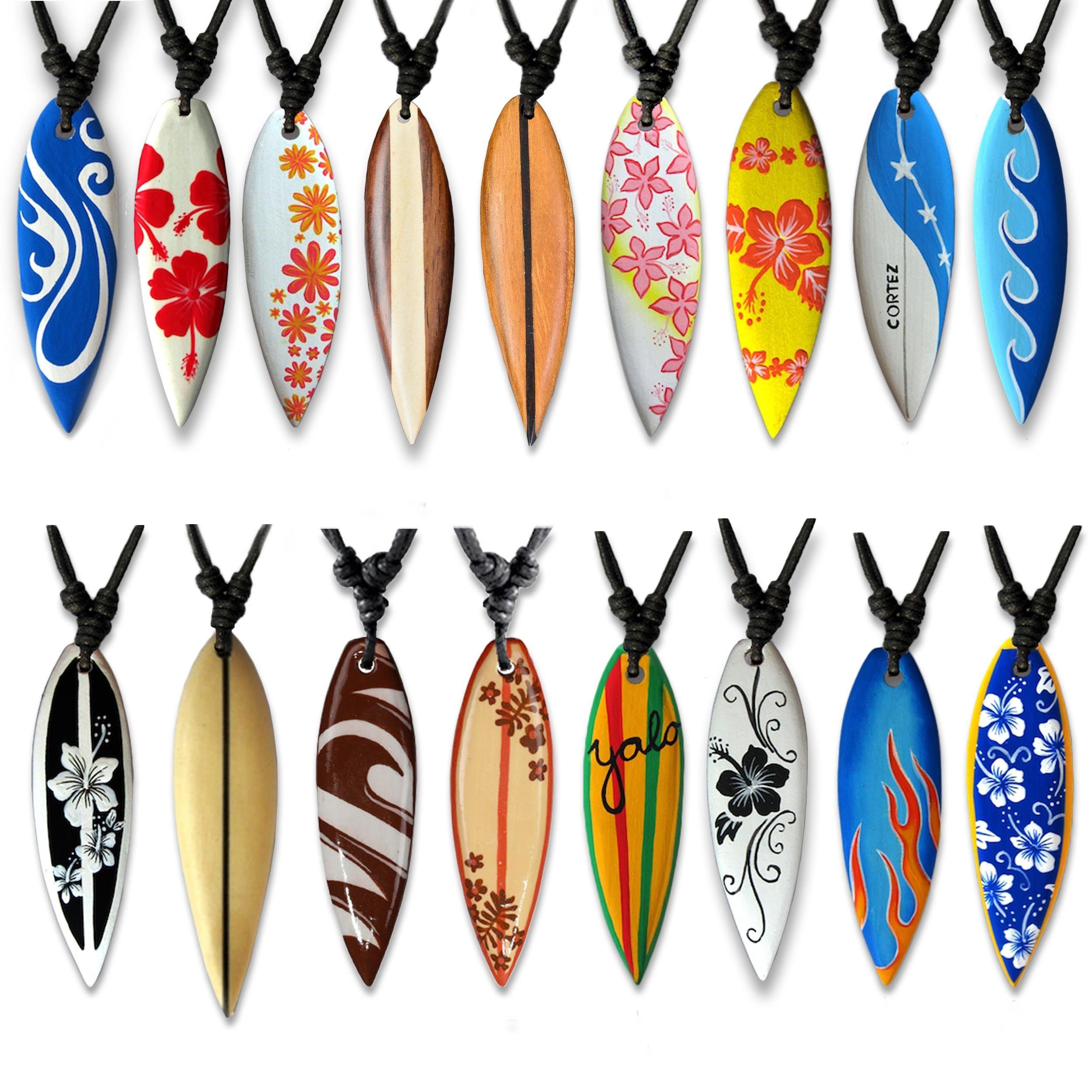 Surferkette Anhänger mit viva-adorno Holzkette Kette Halskette Blume Wellen verschiedene Surfbrett Hibiskus Surfer Hawaii Designs, Beige Holz Flammen Yolo