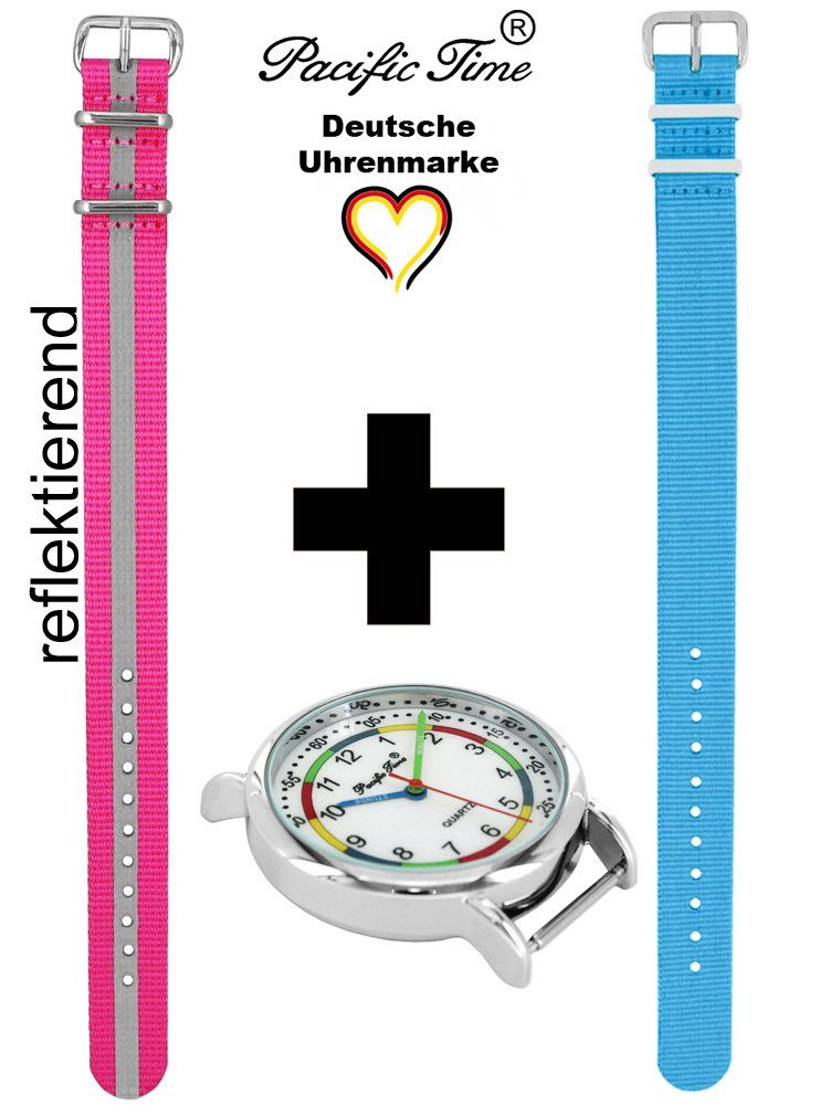 Pacific Time Quarzuhr Set Lernuhr pink und Kinder und Gratis Reflektor Match Armbanduhr First - Wechselarmband, Versand Mix Design hellblau