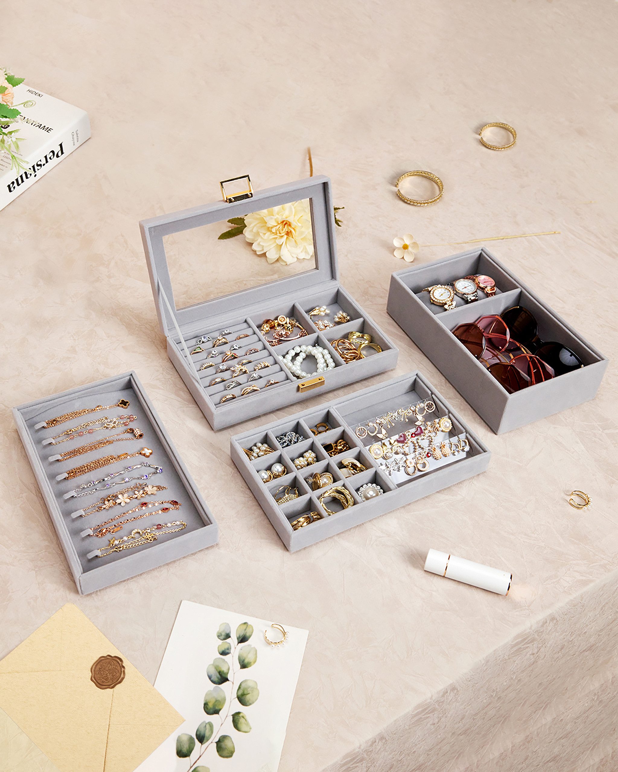 Yorbay Schmuckkasten Stapelbares Schmucktablett, mit Glasdeckel, günstig online kaufen