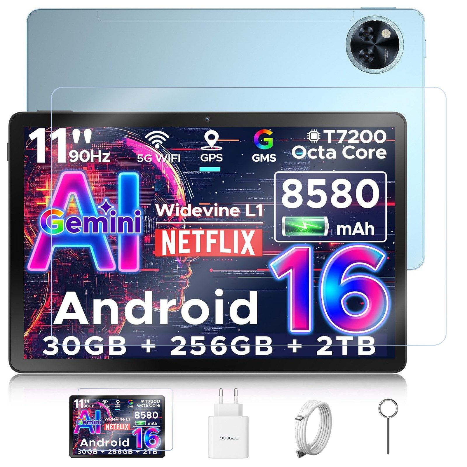 DOOGEE DOOGEE U11Pro Tablet Android 16 mit 1 Schutzfolie, WiFi Tablet (11", 256 GB, 2.4G+5G WLAN GMS, T7200Octa-Core Планшеты PC, WidevineL1/ 3.5mm Audio/GPS/Face ID/OTG)
