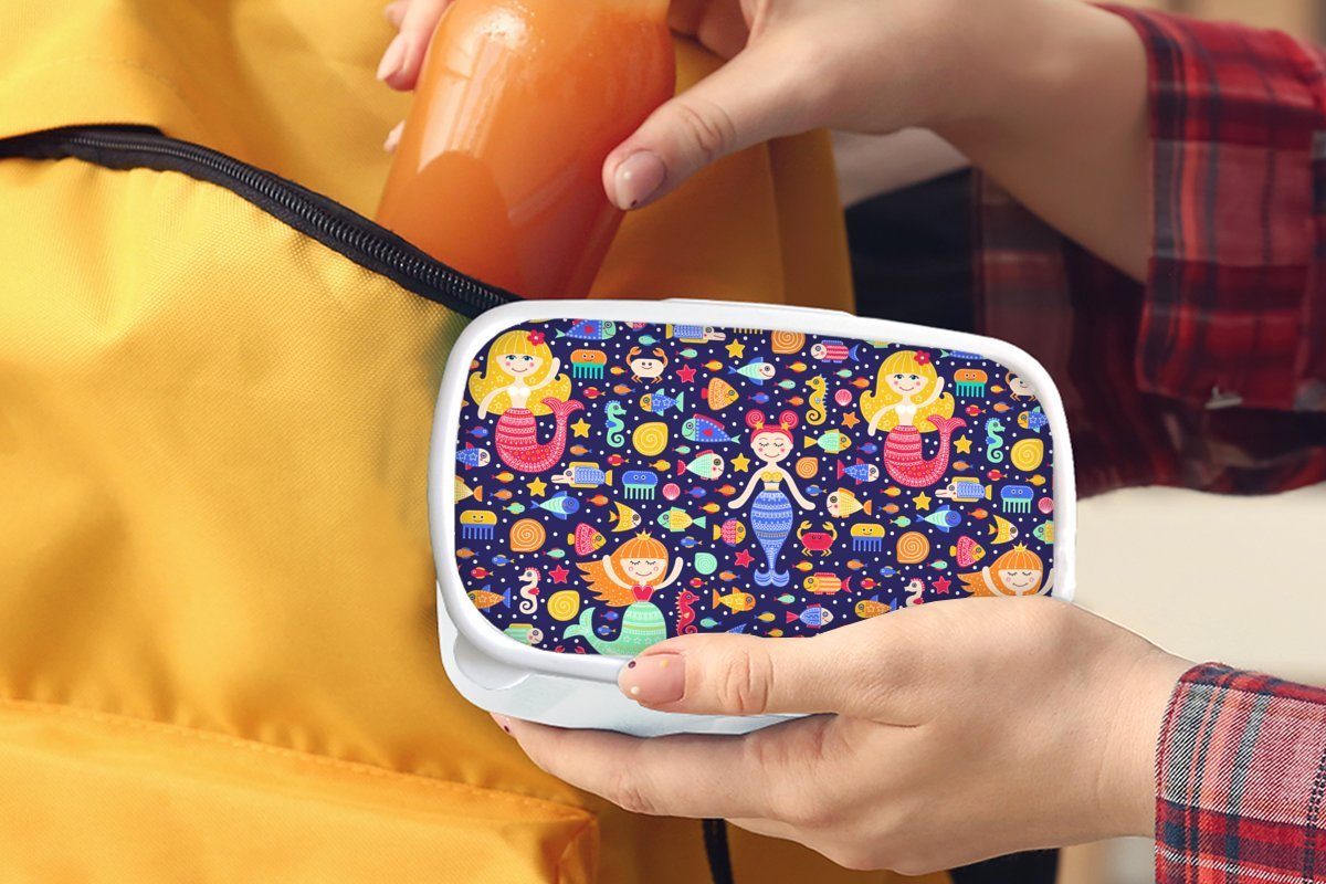 MuchoWow Lunchbox Meerjungfrau - Brotdose, und Kunststoff, für Erwachsene, für Brotbox Jungs Mädchen weiß Muster, (2-tlg), und Kinder Fisch 