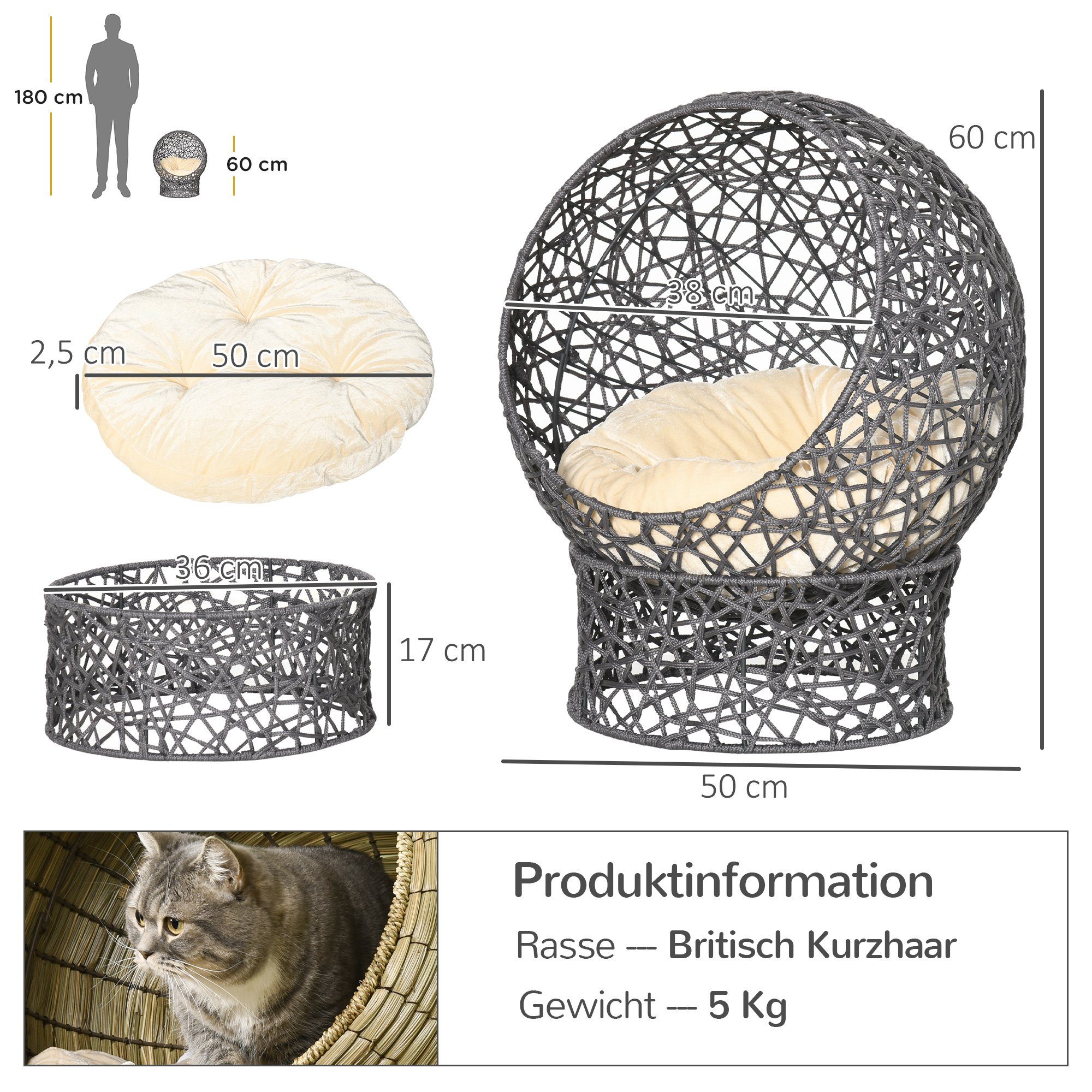 PawHut Tierhaus Rattan Katzenbett mit Kissen, Haustierbett Wasserhyazinthe, 50L x 50B x 60H cm