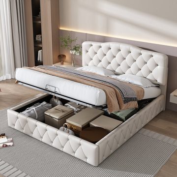 SOFTWEARY Polsterbett (Doppelbett mit Lattenrost und Bettkasten, 140x200 cm), Kopfteil höhenverstellbar, Kunstleder