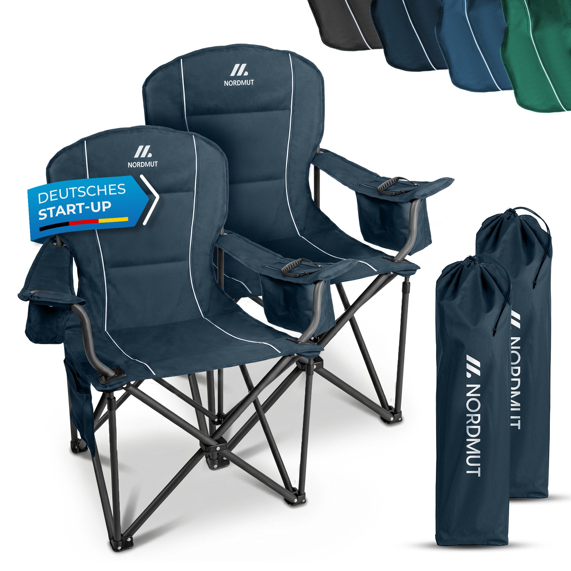 Nordmut Campingstuhl Klappstuhl faltbar, Outdoor Strand Angeln Garten, 200 kg, Armlehne (Spar-Set, 2 St), Kühltasche, Getränkehalter, breite Sitzfläche, gepolstert, wetterfest