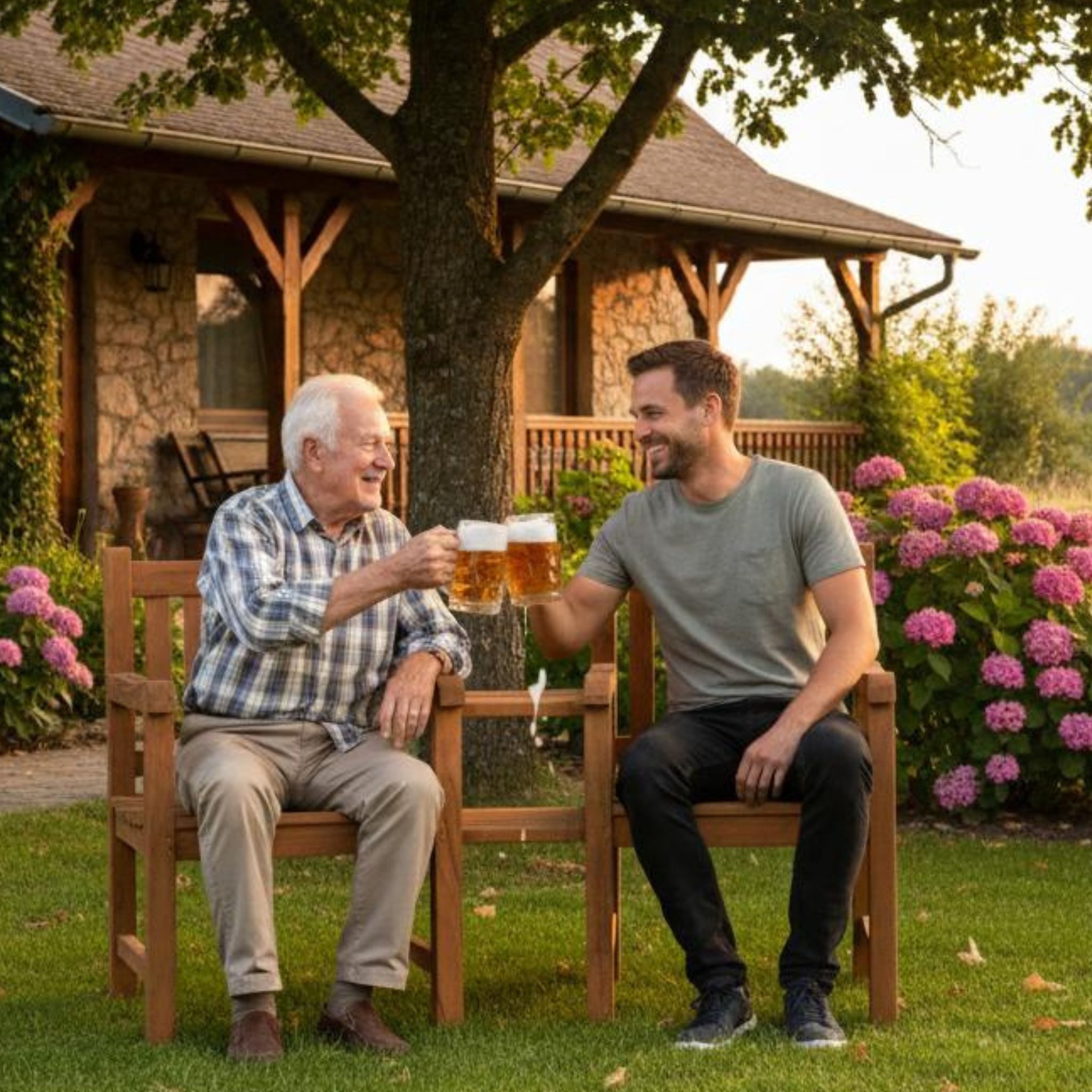 MR.DEKO Gartenbank Feierabend Teak 160cm Bank Holz mit Tisch wetterfest (Gartenbank für Terrasse, Balkon oder Innenbereich, 1-St), Holzbank auch einzeln nutzbar als Stuhl