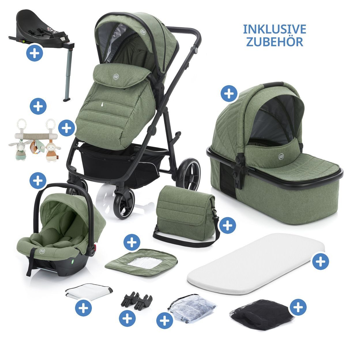 Fillikid Kombi-Kinderwagen Fill Jaguar - Grün Melange, 3in1 Kinderwagen mit Babyschale, Babywanne, Sportsitz & Isofix-Basis