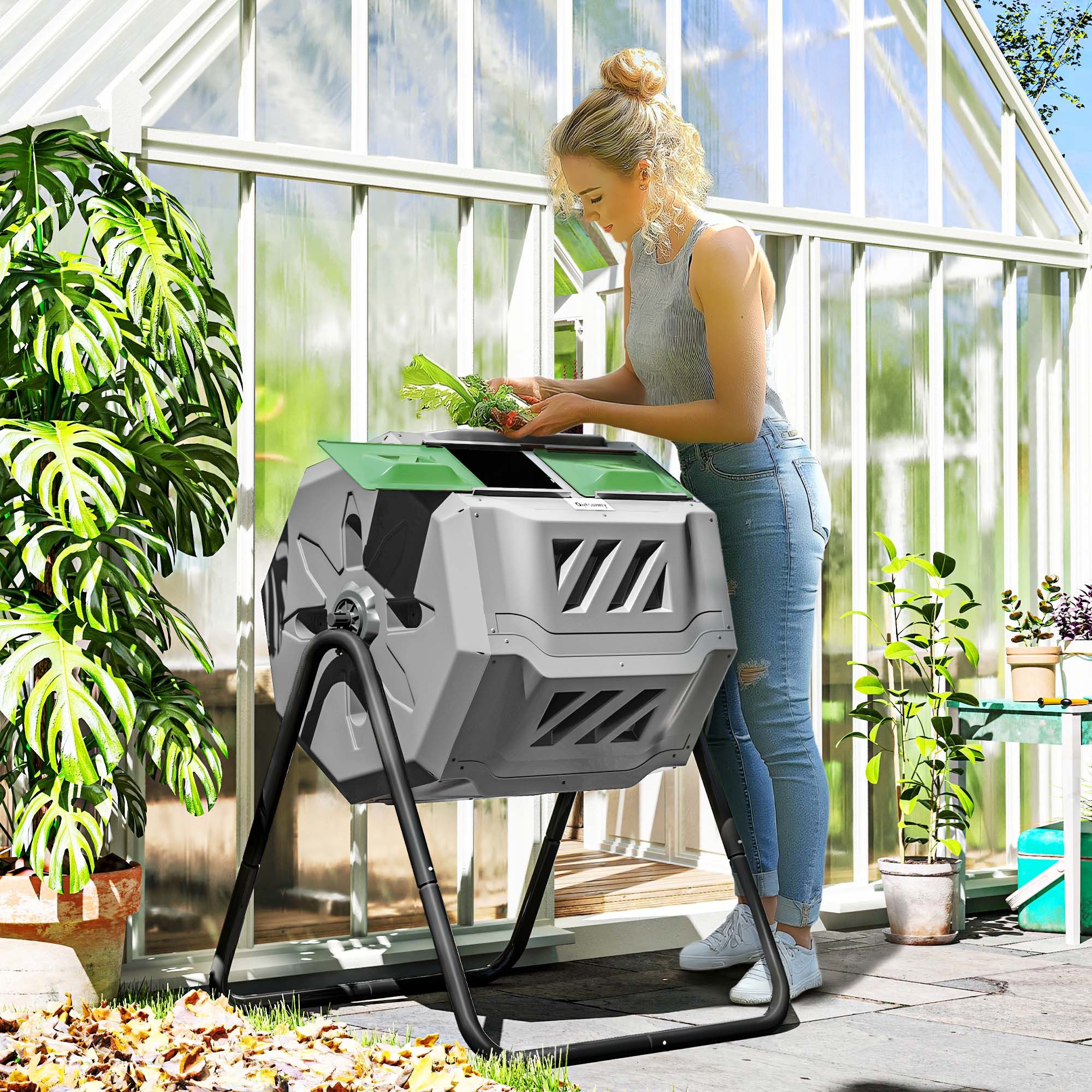 Outsunny Komposter Drehbarer Schnellkomposter, Thermokomposter mit 2 Kammer, BxTxH: 65x65x96 cm, 160 l, (Gartenkomposter, 1 St., Trommel-Komposter), für Garten, Balkon, Grau