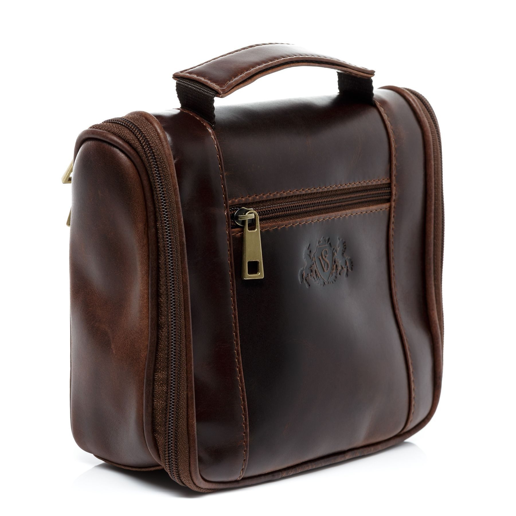 SID & VAIN Kulturbeutel echt Leder Kulturtasche groß braun HEATHROW, Waschbeutel Echtleder für Damen & Herren, Kosmetiktasche braun-cognac