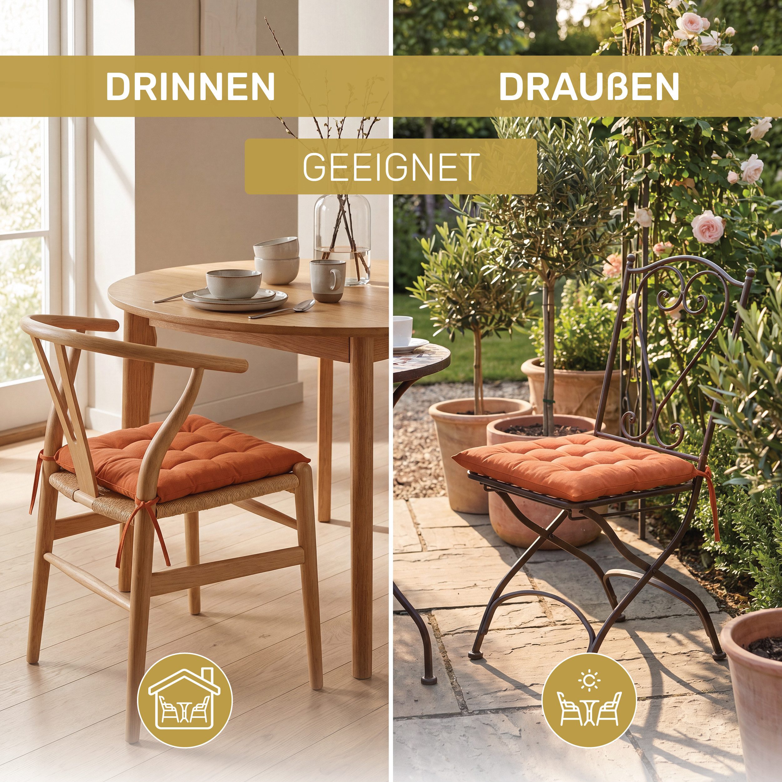Lavea Stuhlkissen Lavea® Sitzkissen & Stuhlkissen 40x40 cm – 4er/8er Set, 40x40x3 cm, mit Stoffbändern, Indoor & Outdoor, für Garten & Balkon