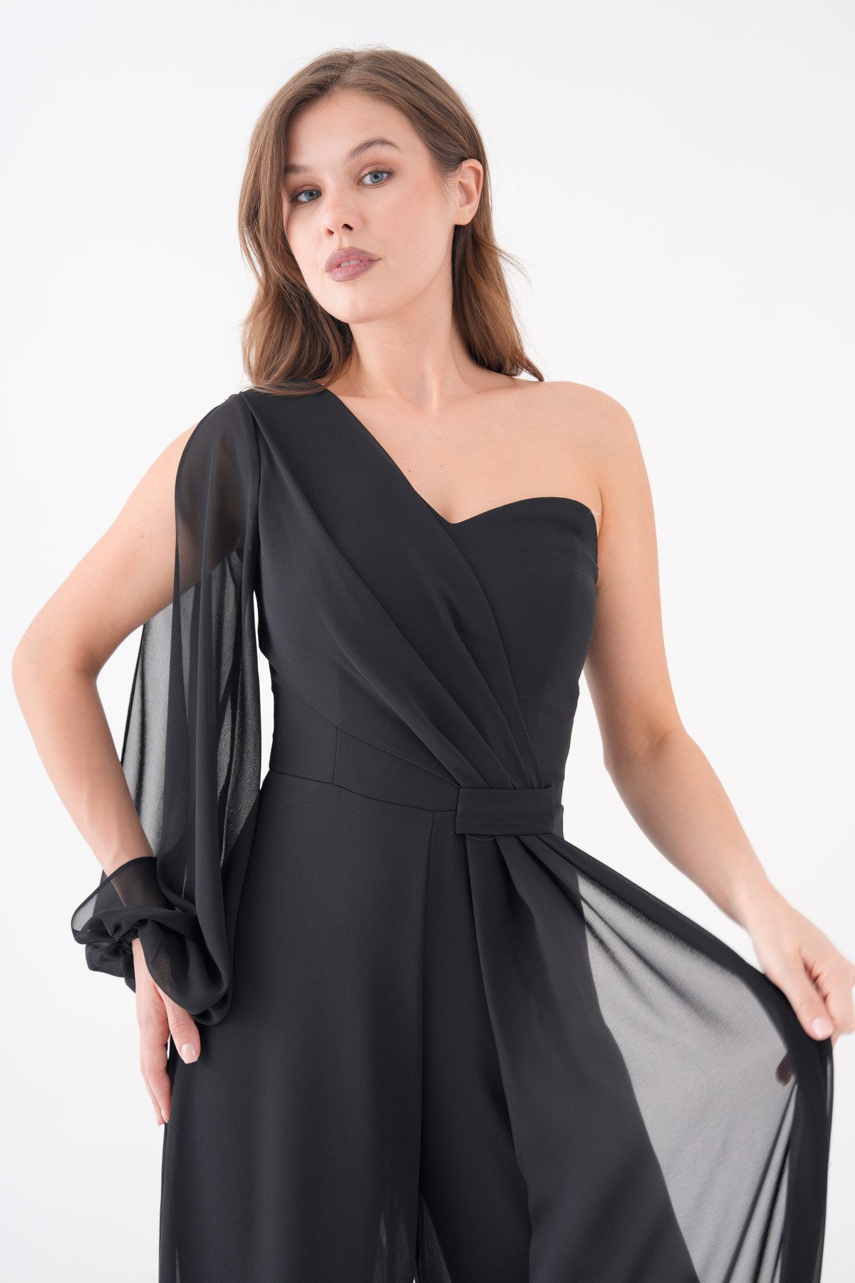 WOMAN VISION Abendkleid Schwarzes Chiffon-Abendkleid mit Gürteldetail, weitem Bein und einem Ä – Bild 2 von 5