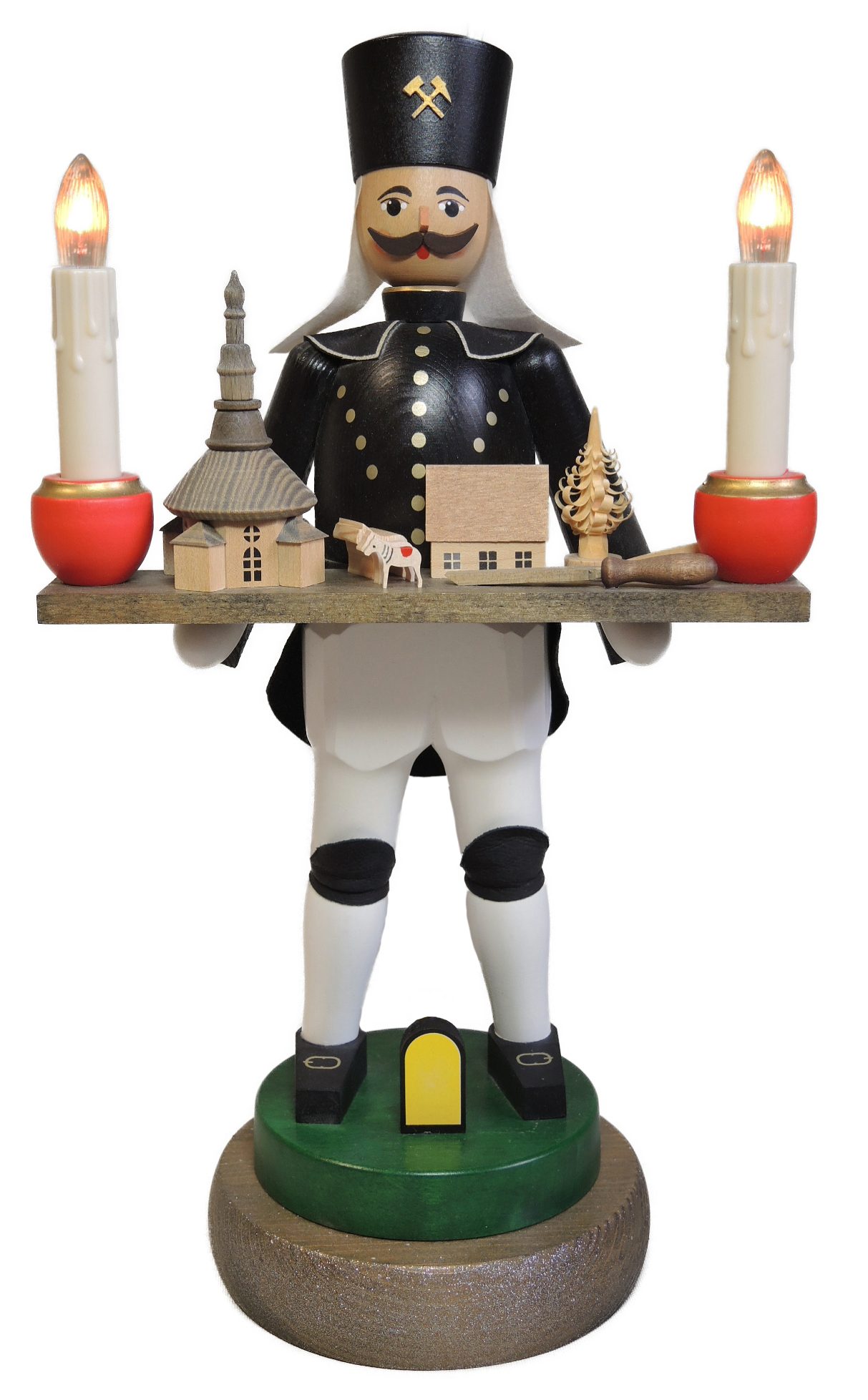Richard Glaesser Kerzenhalter Bergmann mit Dorf, elektrisch beleuchtet, Höhe 40cm, Handwerkskunst original Erzgebirge