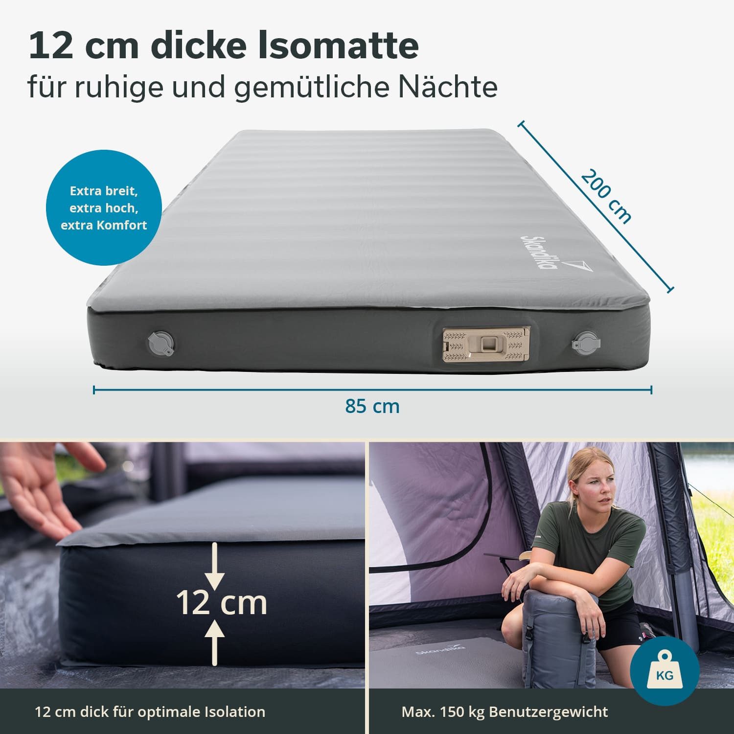 Skandika Luftmatratze Easy 3D Premium Flex, 1 Person, inklusive USB-Pumpe, Schaumstoff, (Tragetasche, Max. Benutzergewicht 150 kg, Gewicht 4,3 kg), Integrierte Pumpe, abnehmbar, wiederaufladbar, R-Wert: 12,3