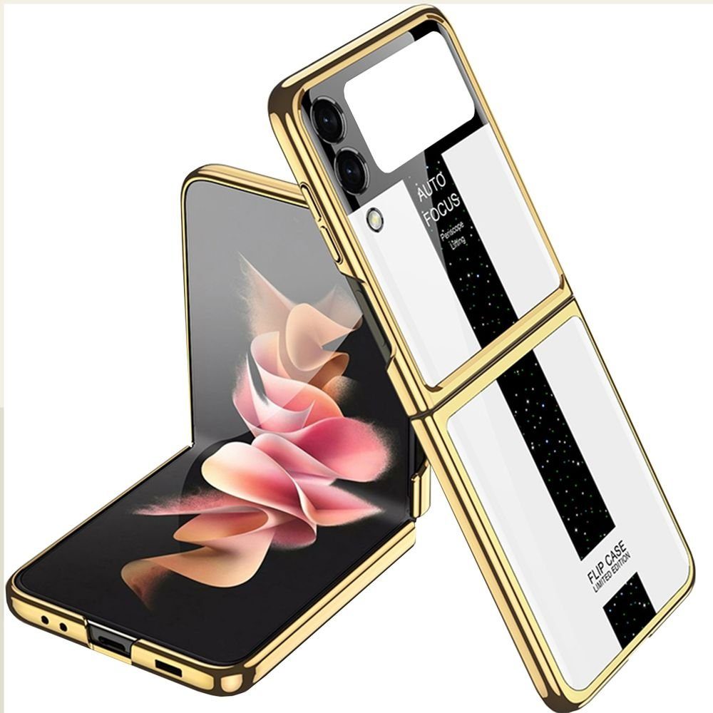 Wigento Handyhülle Für Samsung Galaxy Z Flip3 5G Galvanisieren Design Kunststoff Hart Cover Handy Tasche Hülle Etuis Weiß