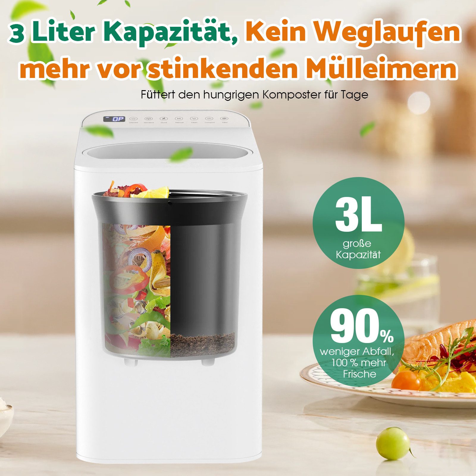 Rebonique Komposter Elektrischer Komposter mit Auto/Manual, Aktivkohlefiltern Geruchloser, 3L, 90% Abfall-zu-Dünger-Umwandlung