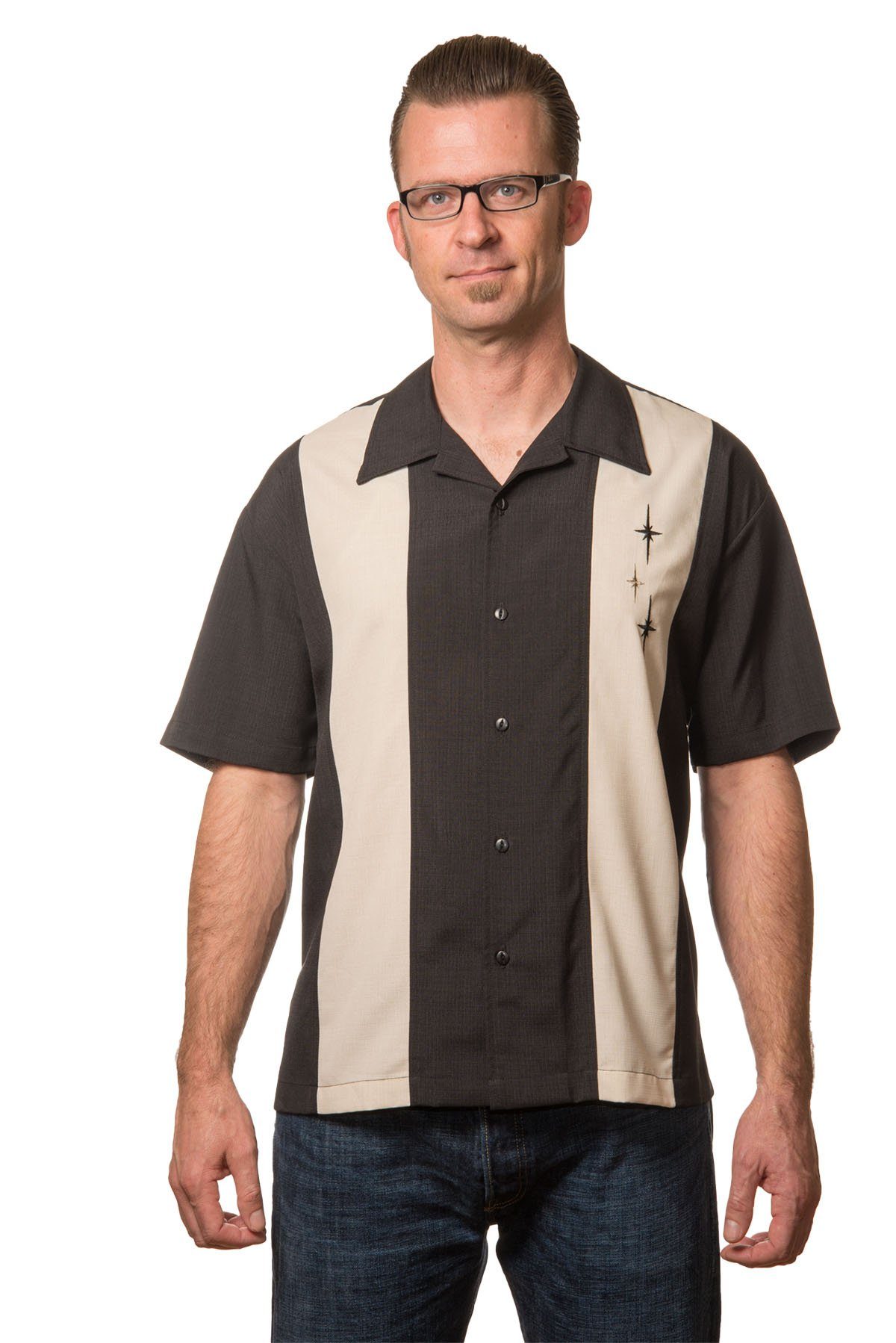 Steady Clothing Kurzarmhemd Three Star Panel Schwarz Retro Vintage Bowling Shirt