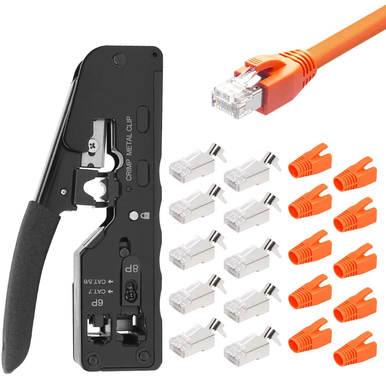 Crimpzange RJ45 Crimpzange + 10 Cat7 Stecker Set Netzwerk Werkzeug