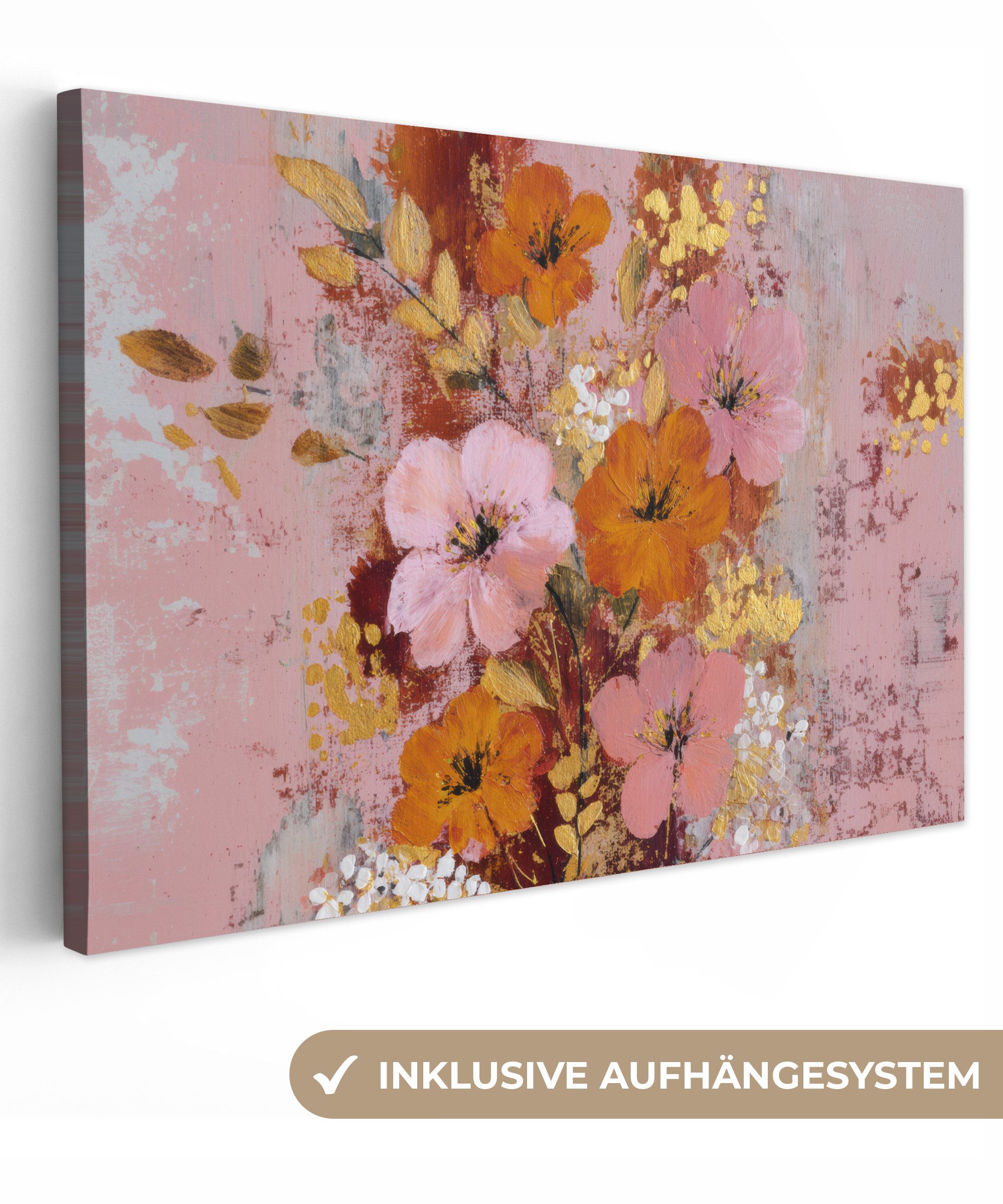 OneMillionCanvasses® Leinwandbild Malerei - Blumen - Rustikal - Rosa, Fotodruck (1 St), Leinwand Bilder Klein, Wand Dekoration Aesthetic 30x20 cm