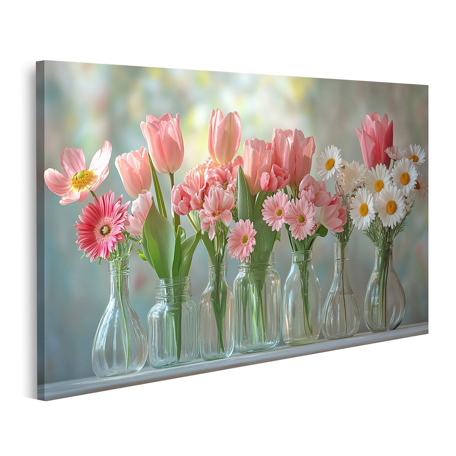 islandburner Leinwandbild Bunte Frühlingsblumen in Glasvasen günstig online kaufen