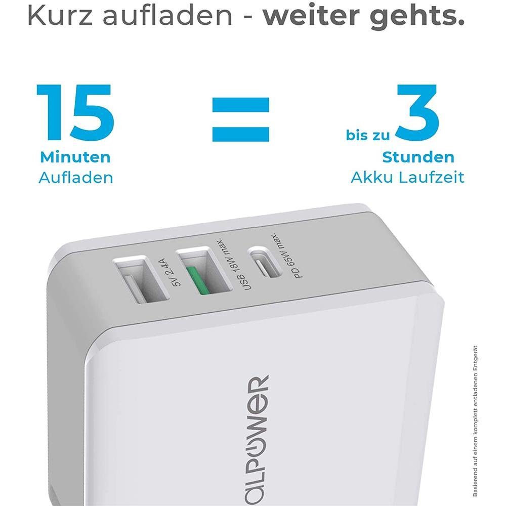 Realpower DeskCharge-65 Travel USB-Ladegerät (3-Port 65W, USB Netzteil, Reiseadapter, USB-C, PD, Rapid Charge)