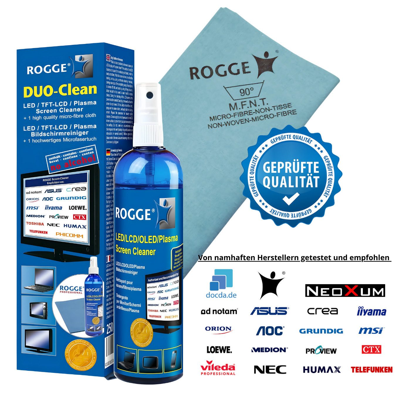 Rogge ROGGE DUO-Clean, Bildschirmreiniger 250ml inkl. ROGGE Mikrofaser Reinigungsspray (ROGGE Set, [2-St. 1x 250ml Flasche mit Microfasertuch 250ml)