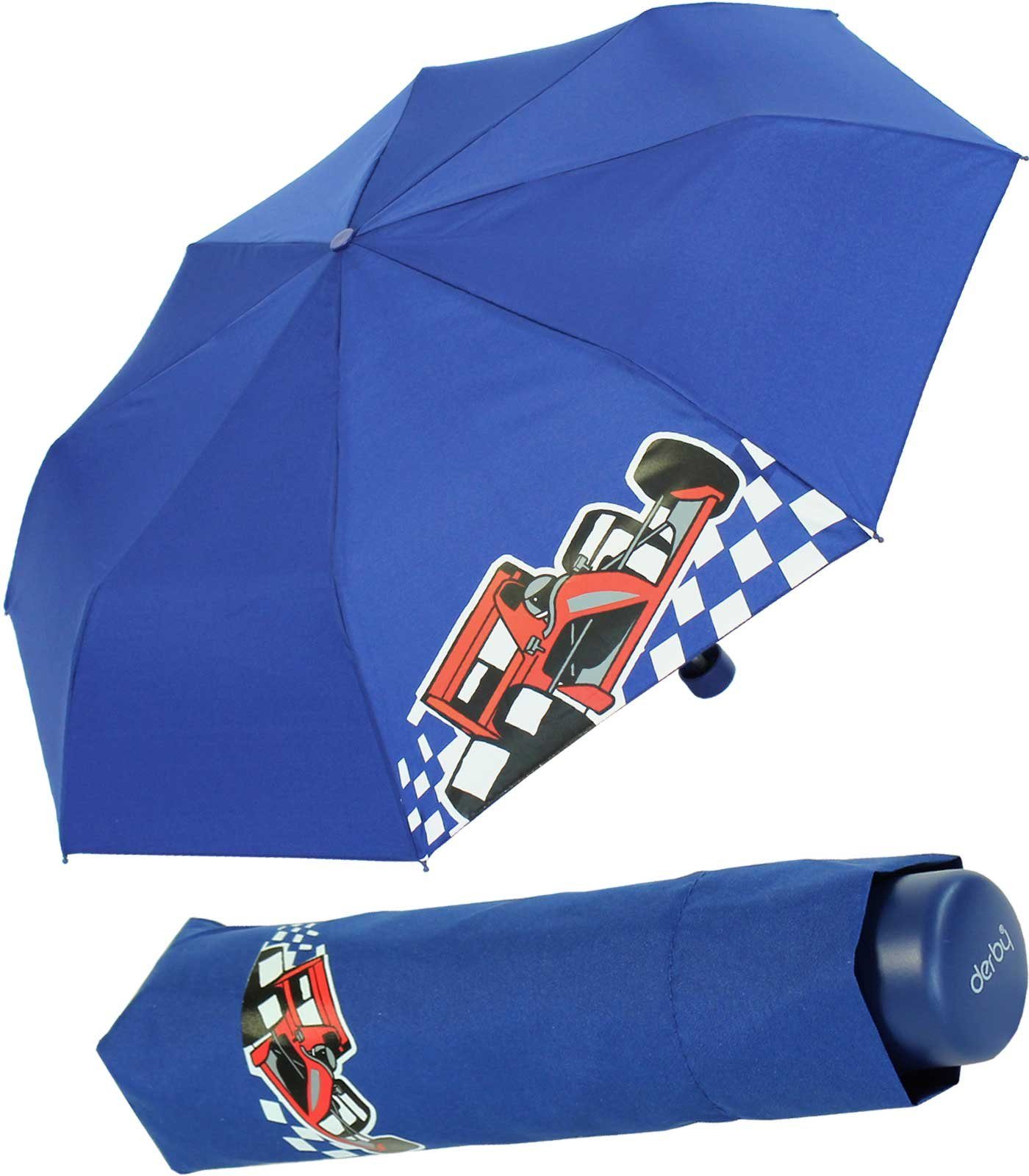 derby Taschenregenschirm Mini Kinderschirm Jungen leicht Kids Schule - blau, ein leichter Schirm für den Schulweg mit coolen Motiven car
