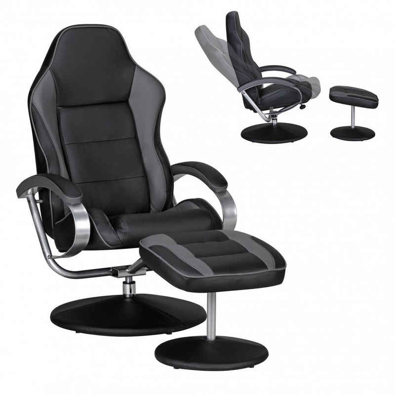 furnicato TV-Sessel Fernsehsessel SPORTING TV Design Relax-Sessel Racing Bezug Kunstleder schwarz / grau drehbar