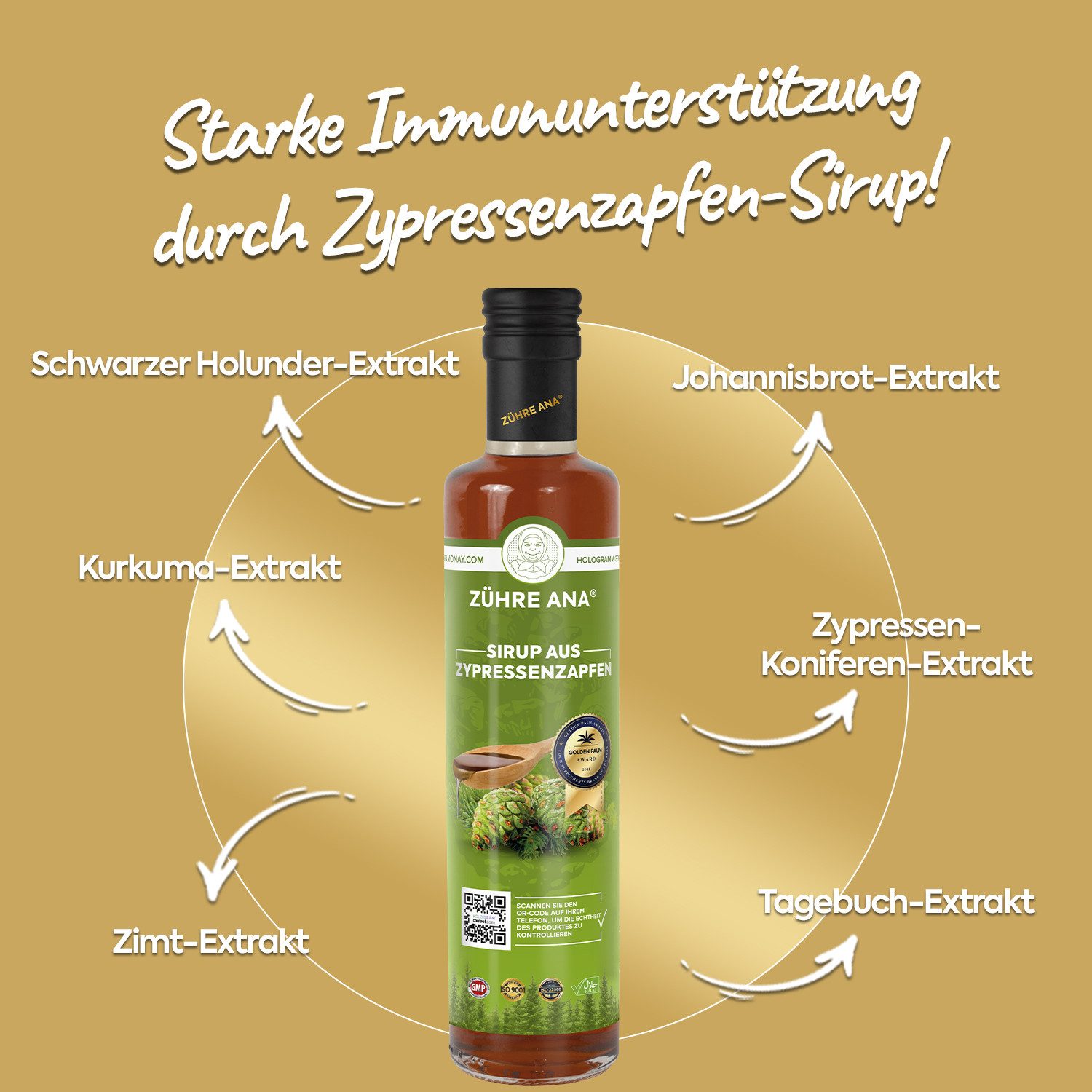 Zühre Ana® Zypressenzapfen Sirup–Mit Zimt, Kurkuma, Nelken, Ingwer, 650 ml Sirup, 650 ml, Zypressenzapfen-Sirup – Zuckerfrei, Vegan