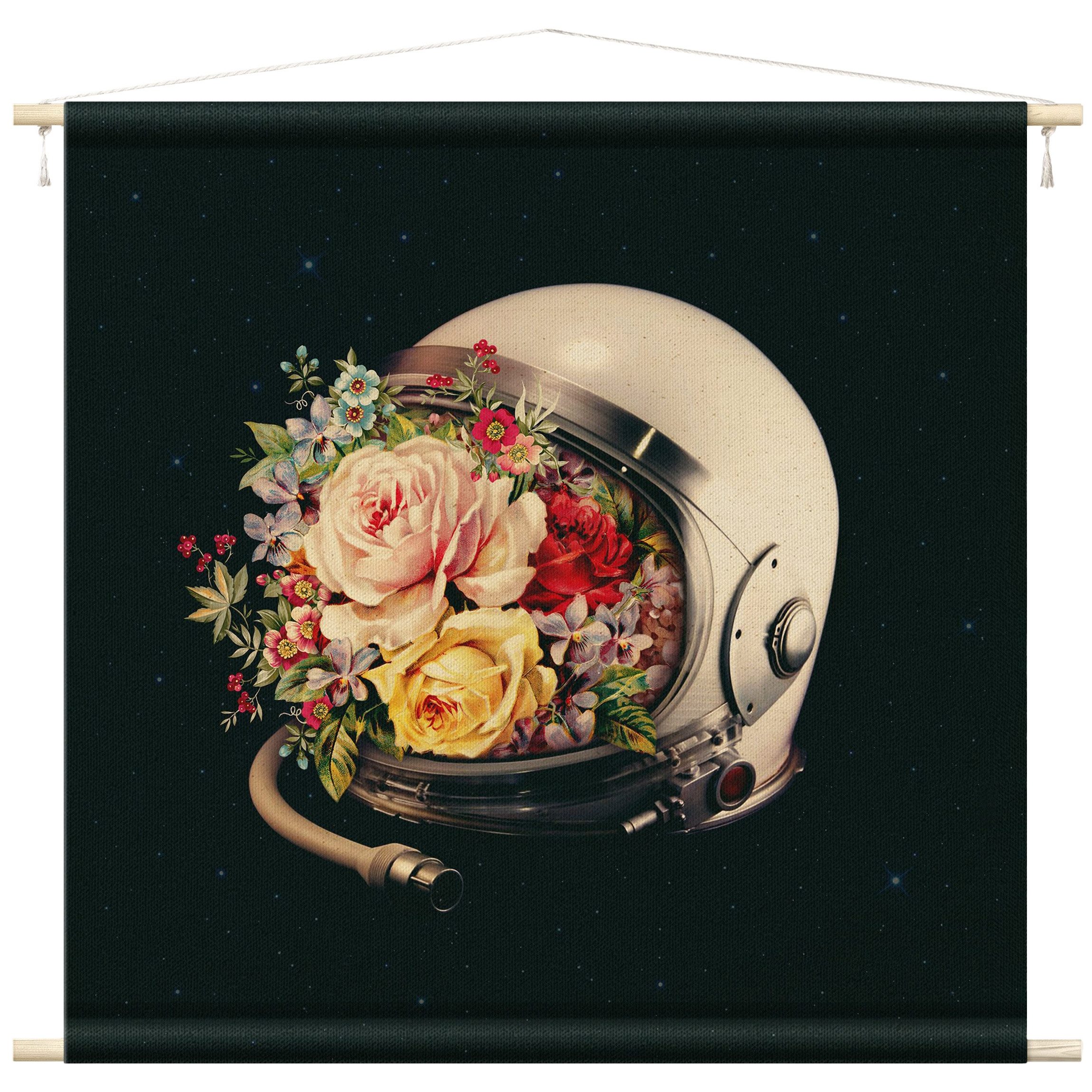 Wandteppich modern Blumen Astronautenanzug schwarz