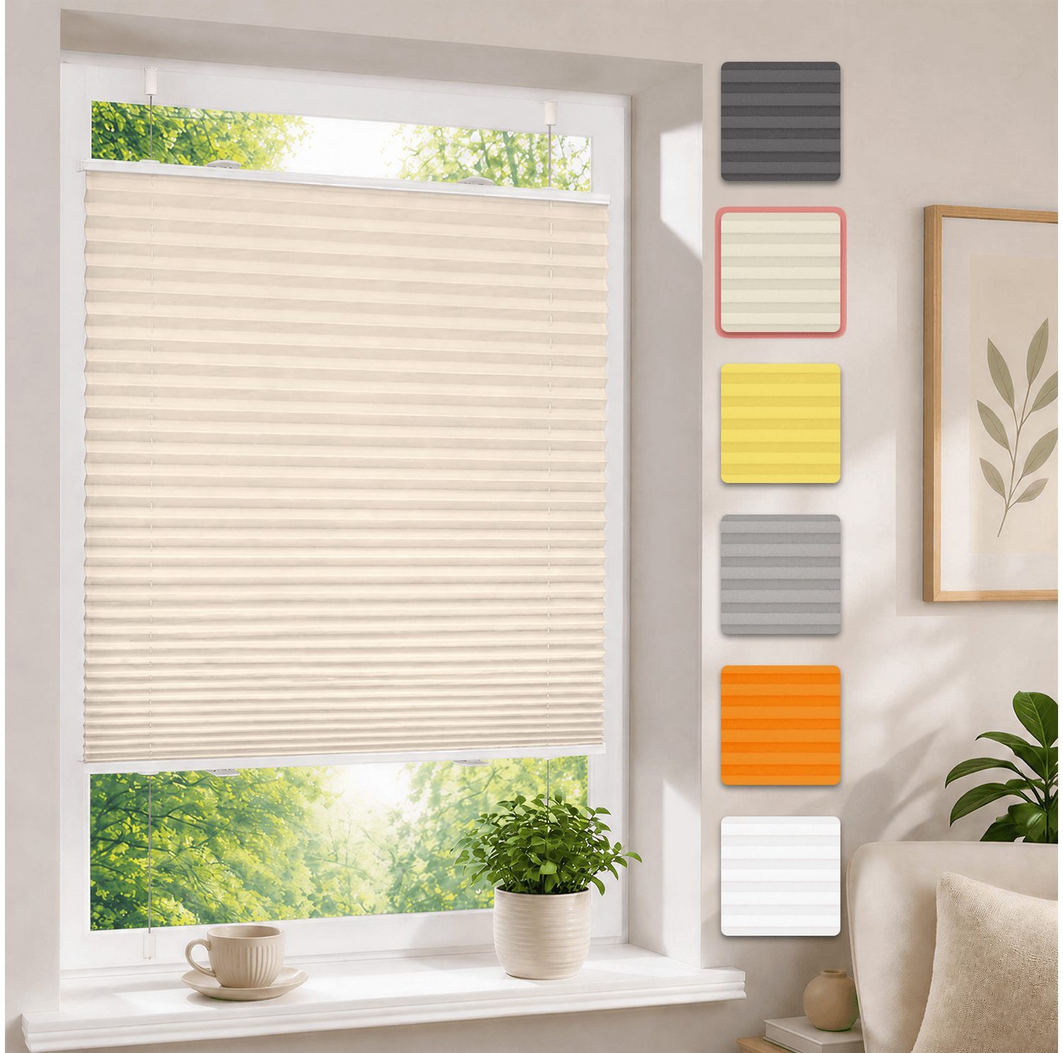 OUBO Plissee Faltrollo Ohne Bohren, Lichtschutz, Klemmträger,Easyfix, Lichtschutz, verspannt, Klemmfix, Jalousie für Fenster & Tür