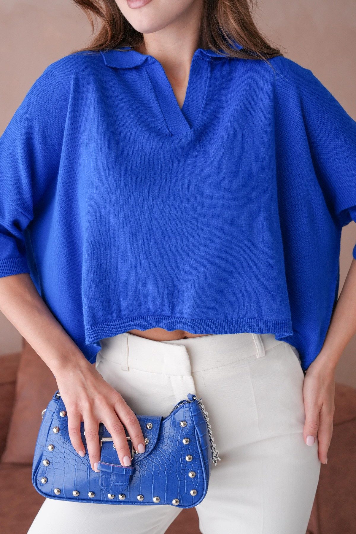 WOMAN VISION Blusentop Oversize-Crop-Damenbluse mit Polokragen