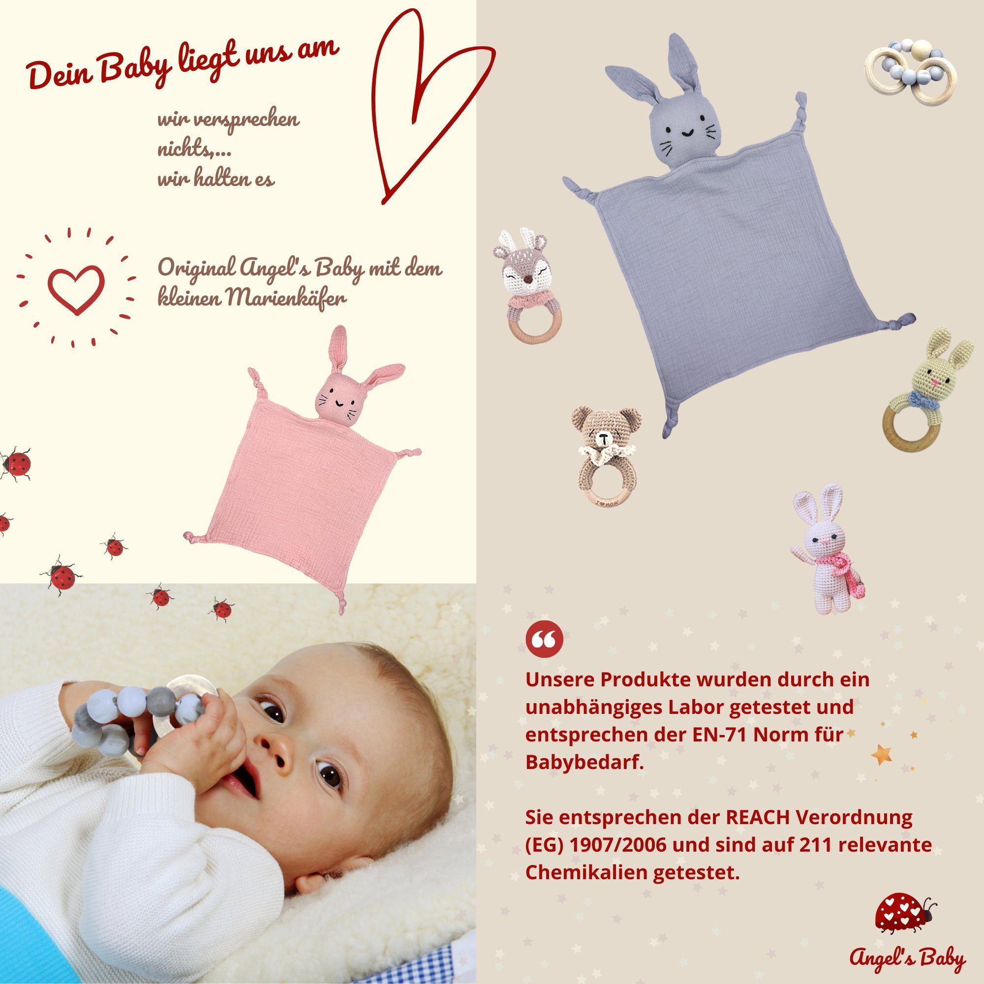 Angel's Baby Neugeborenen-Geschenkset Baby Geschenkset und niedlichem mit und (Set, 4 Grußkarte) Geschenkverpackung teilig Design Schnullerkette Blau in mit Schnuffeltuch