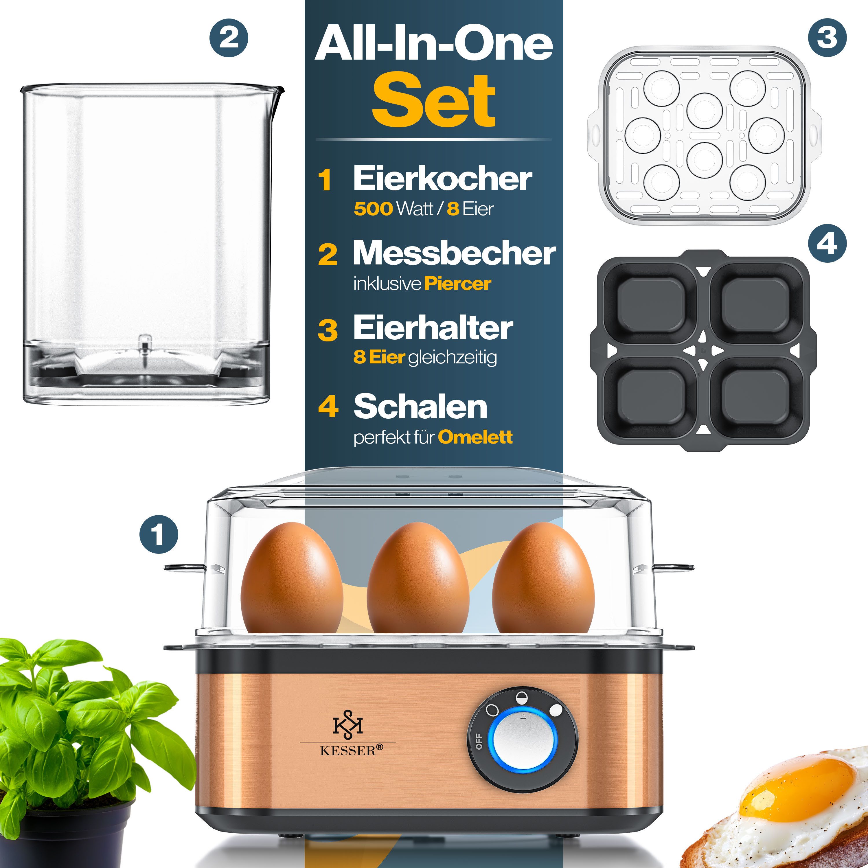 KESSER Eierkocher inkl. Messbecher mit Eipick und Omlettschalen, Bis 8 Eier, 500 W, Warmhaltefunktion, drei Härtegrade