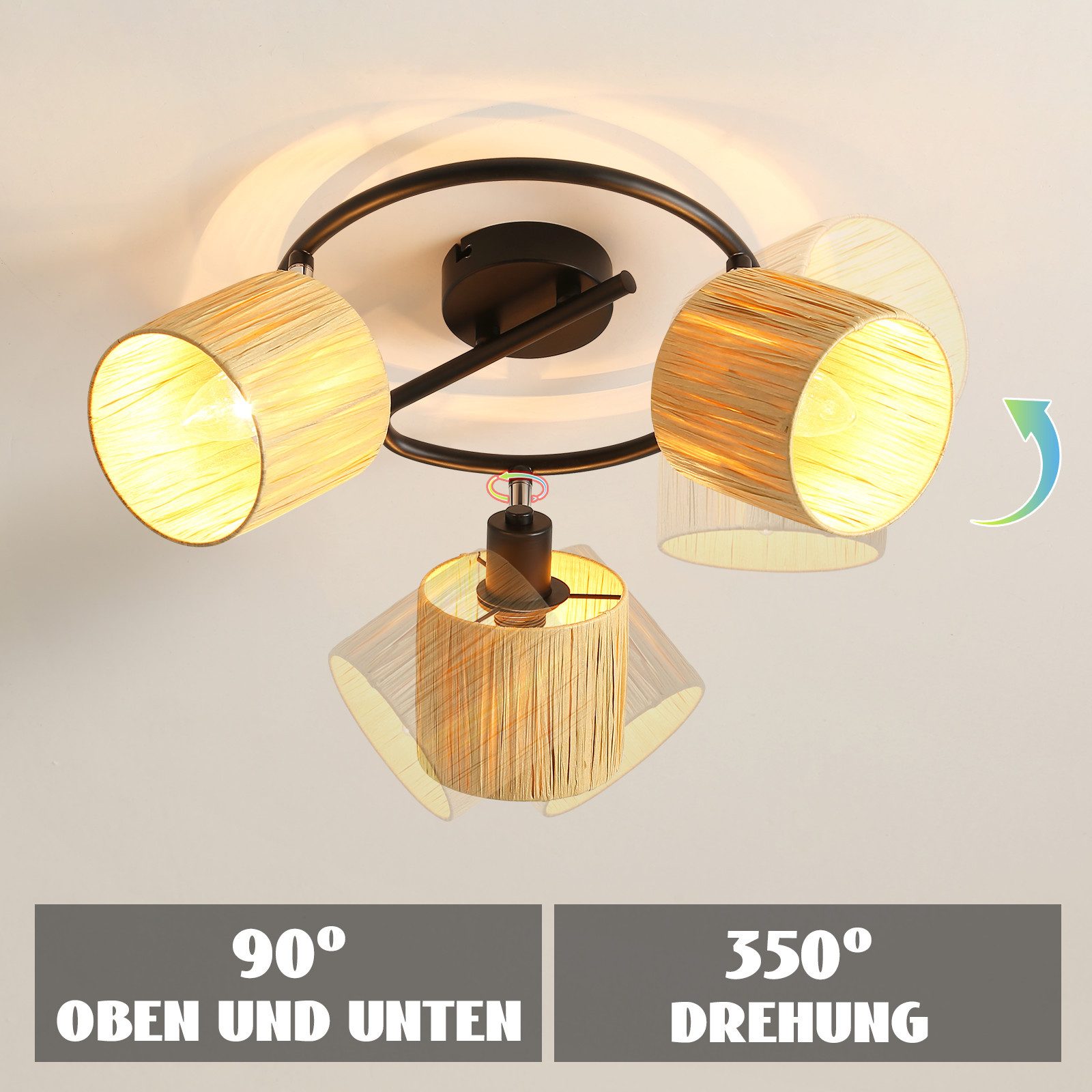 ZMH Deckenstrahler 2/3/4/5 Flammig E14 Schwarz Natürlich Deckenlampe Papier Wohnzimmer, ohne Leuchtmittel, 350°Schwenkbar Deckenspots für Schlafzimmer Flur – Bild 2 von 5