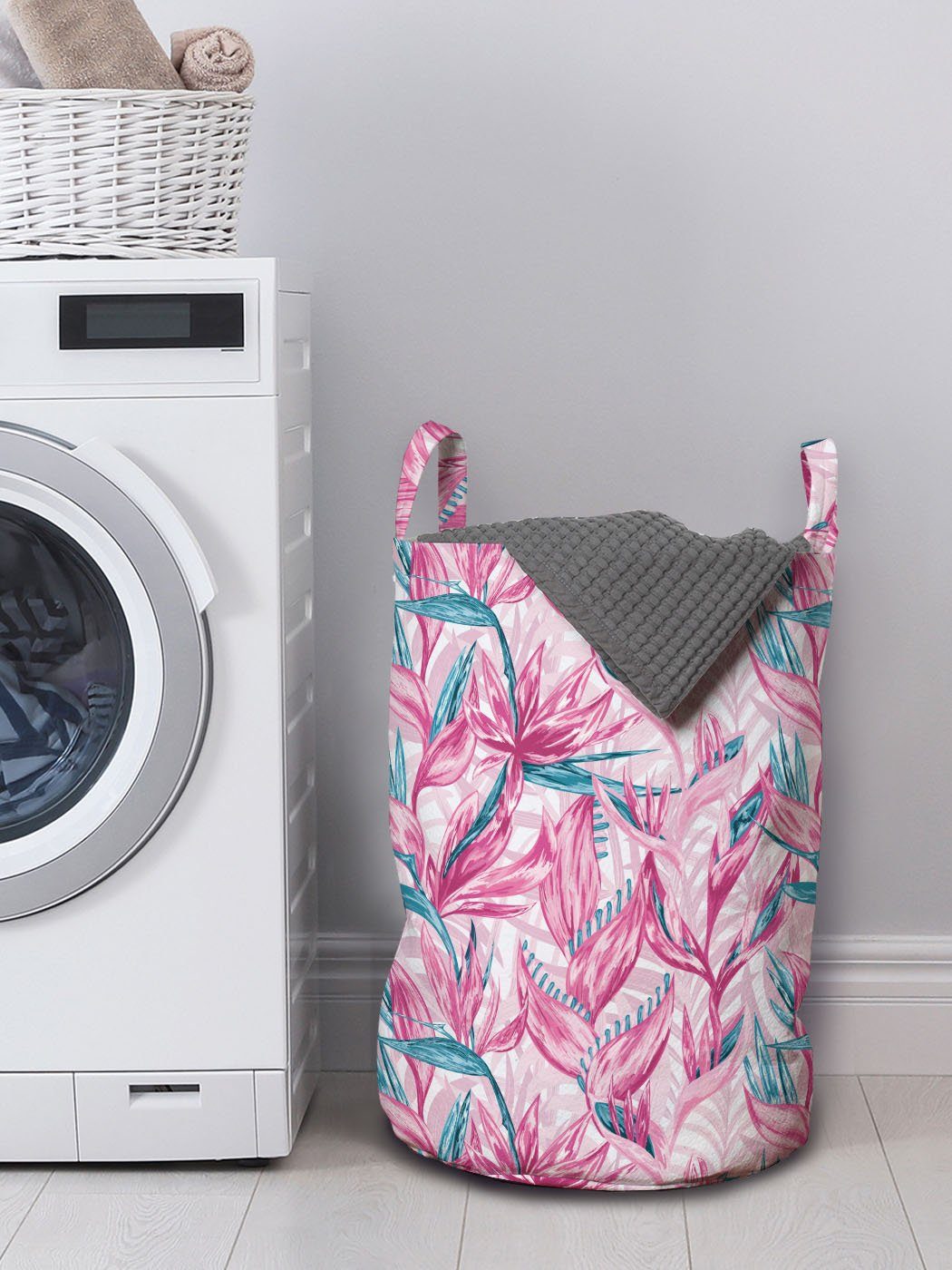 Wäschesäckchen mit Abakuhaus für Waschsalons, Kordelzugverschluss Wäschekorb Griffen tropische Blumen Blumen Hand gezeichnet